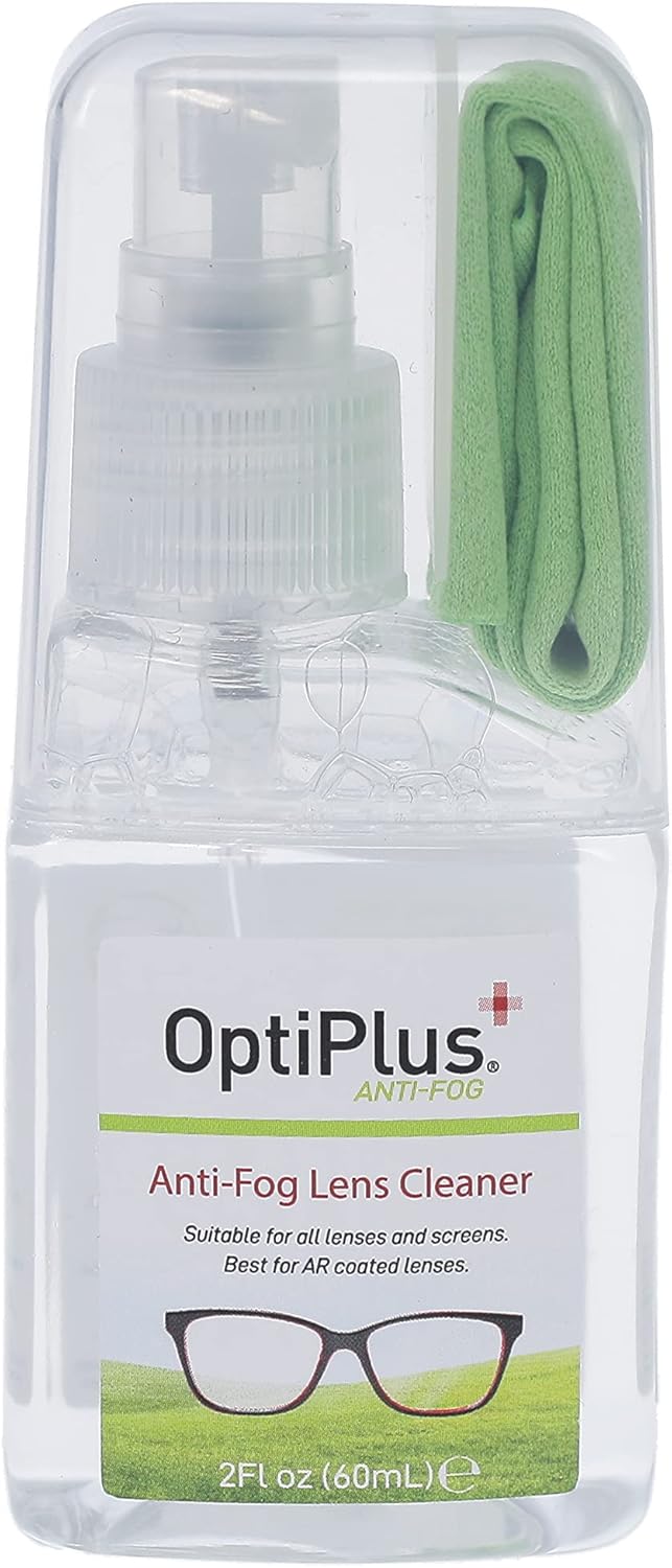 OptiPlus Anti-Fog Lens Cleaning Spray Kit l Cleaning Spray and Microfiber Cloth for Glasses, Laptops Screens, Smart Phones, Optical Lens, Goggles, Watch Screen and More l Defogging and Cleaning l 2oz