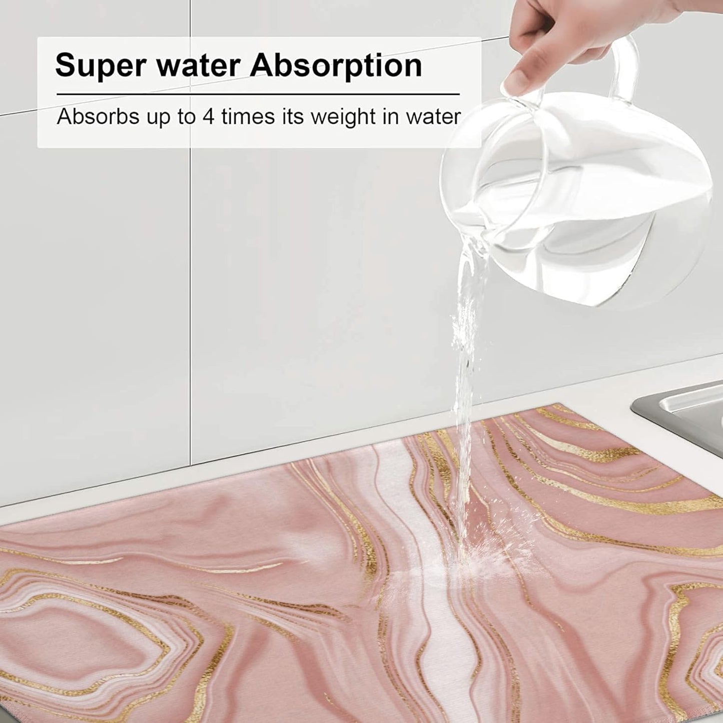 Pink Golden Dish Drying Mat for Kitchen Counter Absorbent Reversible Rose Pink Modern Drying Pad Dark Kitchen Decor Marble Dish Drainer Rack Mats 18"x24"