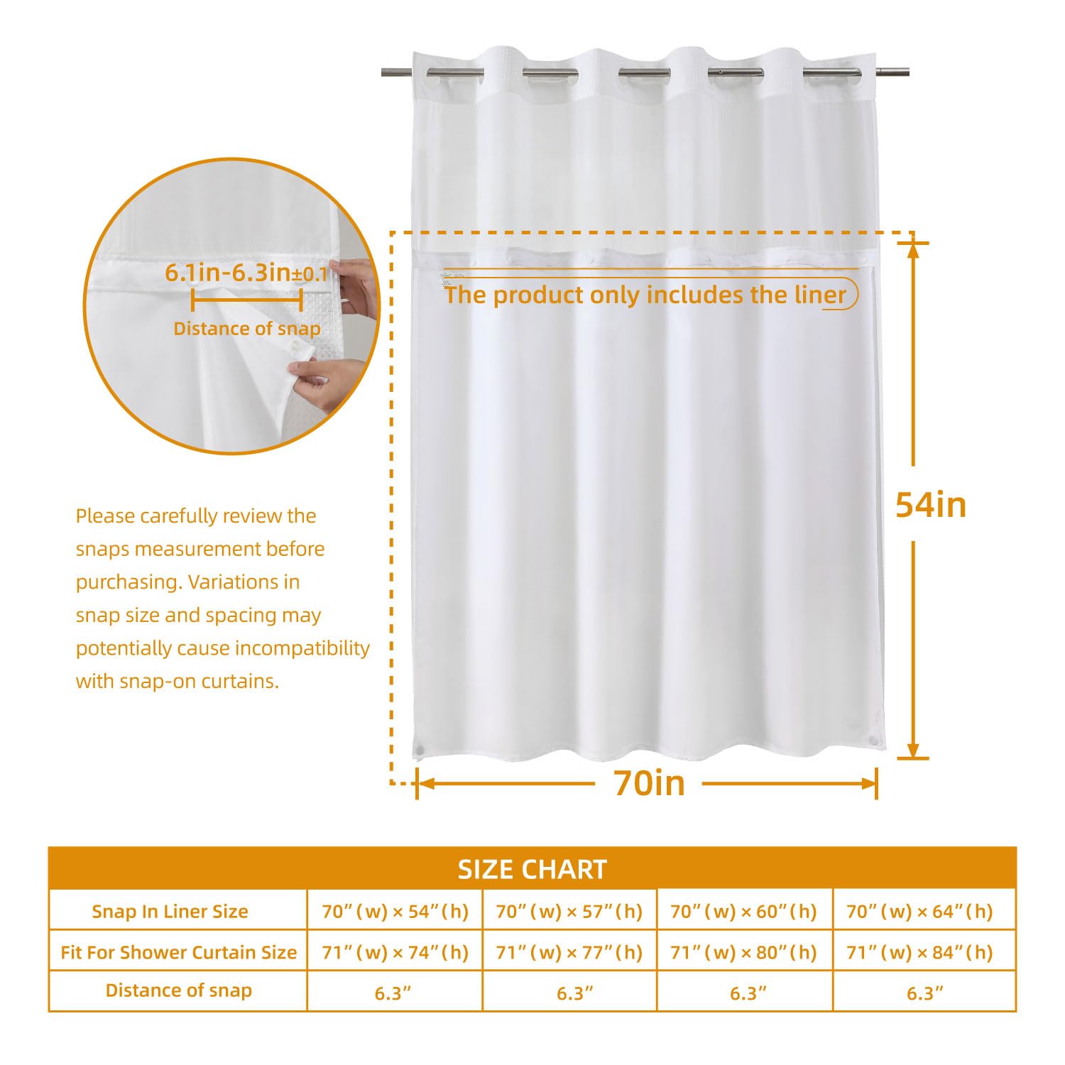 eachope 1 Pack Fabric Snap-in Shower Curtain Liner Replacement,Compatible with No Hook Shower