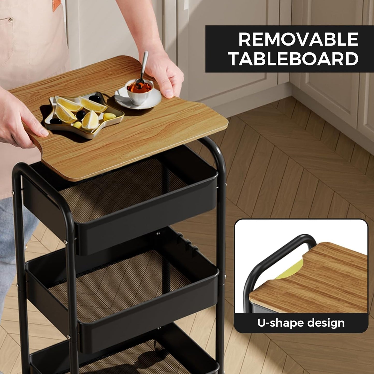 3 Tier Rolling Cart with Table top, Metal Utility Cart, Sturdy Storage Organizer Cart with Locking Wheels & Hooks for Office, Classroom, Kitchen and Bathroom