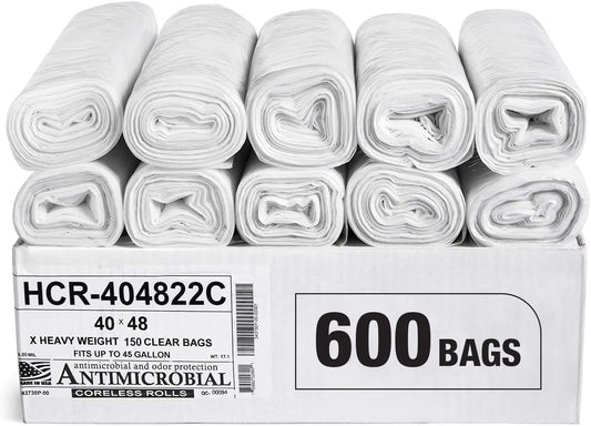 Aluf Plastics High Density Trash Bags, 45 Gallon, 600 Count, 22 Micron (eq), 40" x 48", Clear, for Bathroom, Office, Industrial, Commercial, Janitorial, Municipal, Recycling