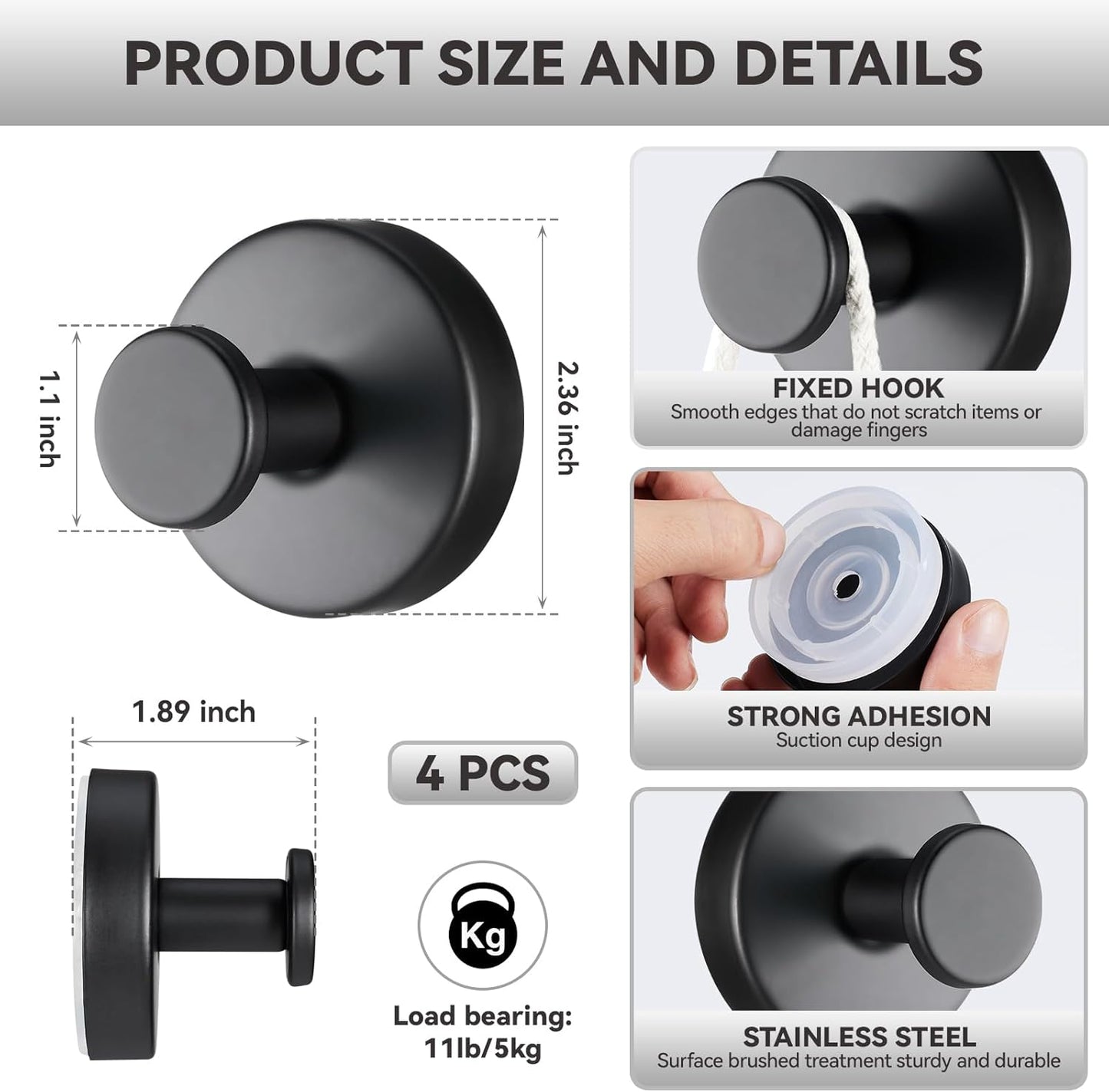 4 PCS Suction Cup Hooks for Shower, Stainless Steel No Drill Towel Hooks, Reusable Sticky Silicone Base for Bathroom Wall, Glass, Mirror, Tile to Hang Loofahs, Robes (Matt Black)