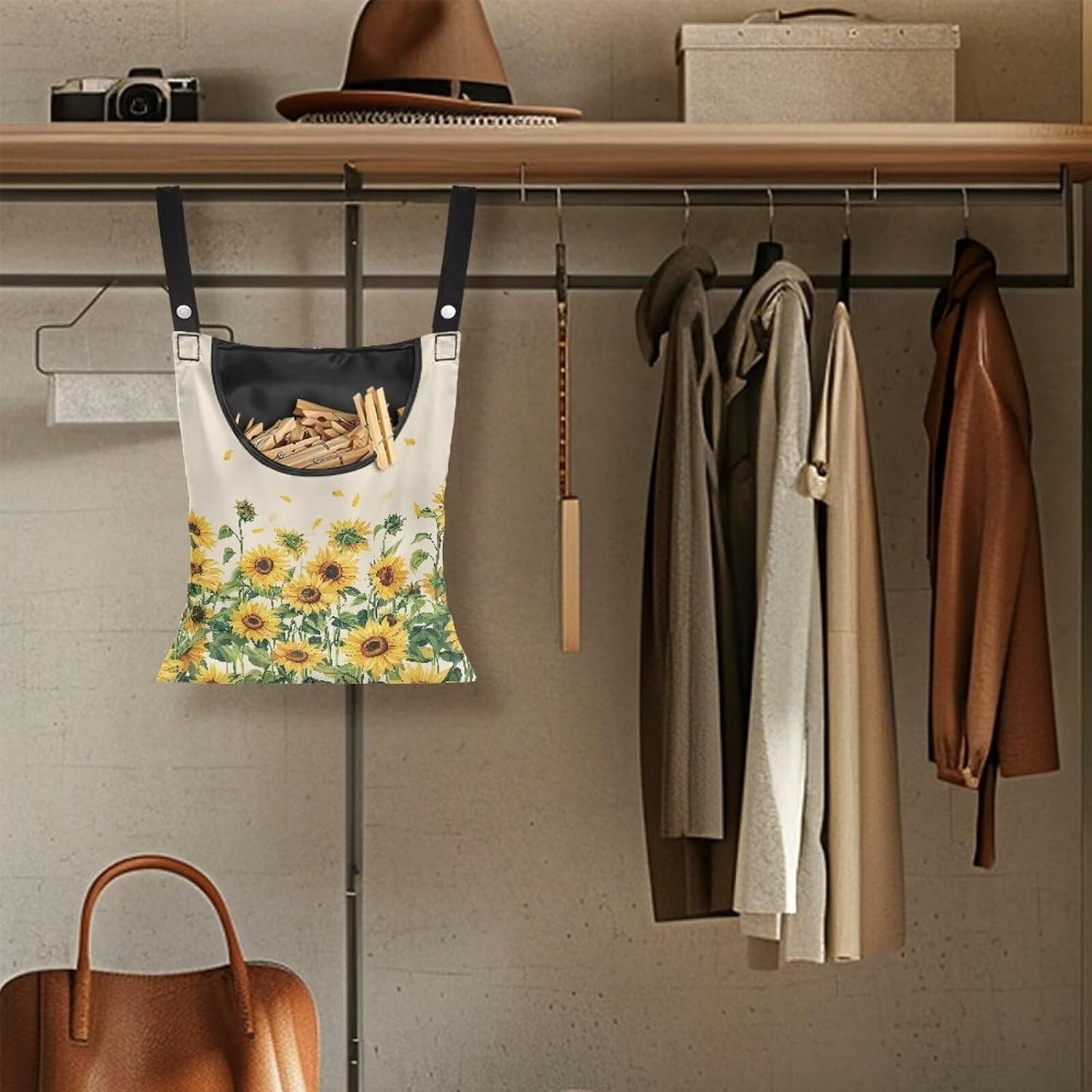 Sunflower Clothespin Bag, Hanging Laundry Bag, Hanging Storage Organizer with Hanging Rope Clothes Lines for Hanging Clothes Outside, for Home Outdoor