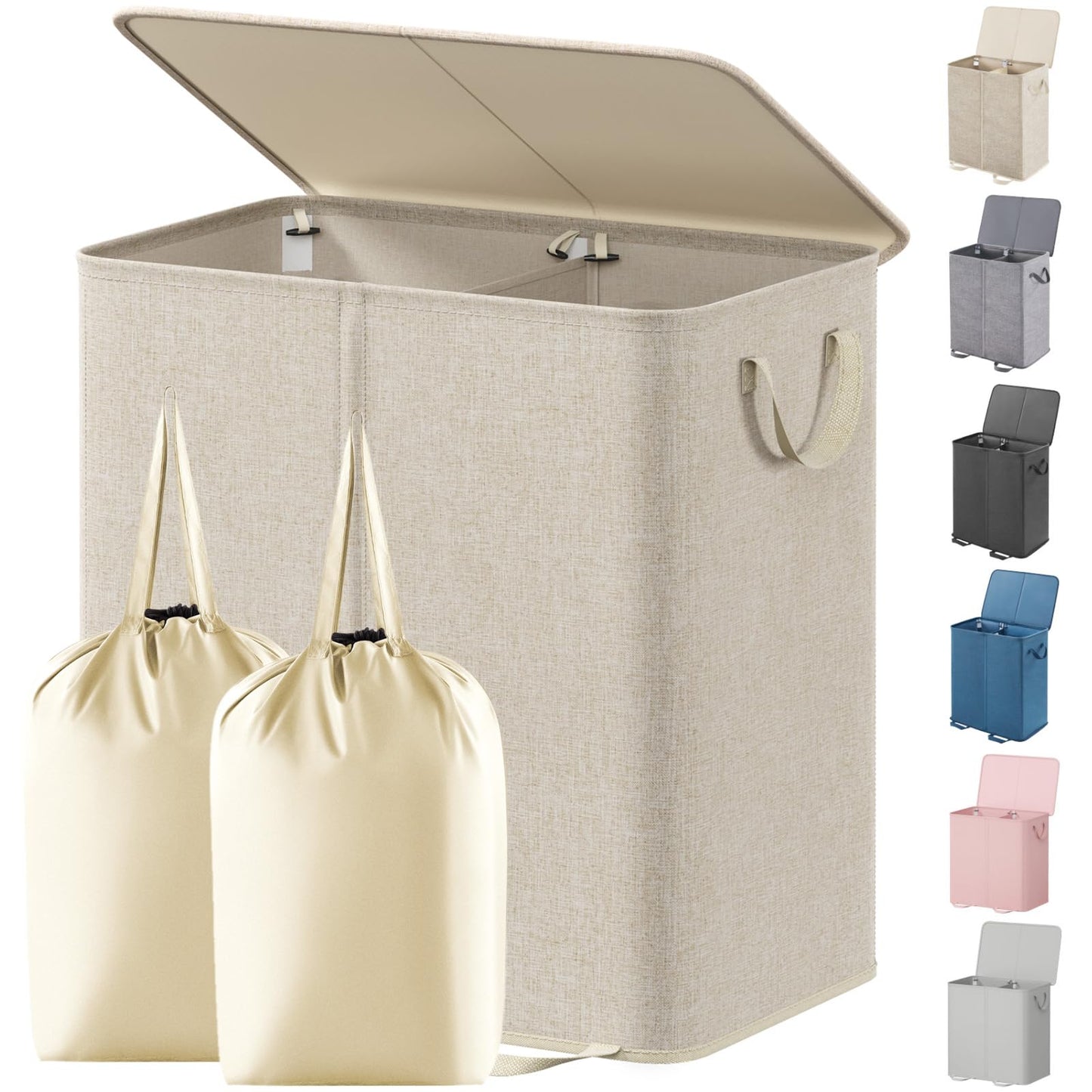 Lifewit Double Laundry Hamper with Lid and Removable Laundry Bags, Large Collapsible 2 Dividers