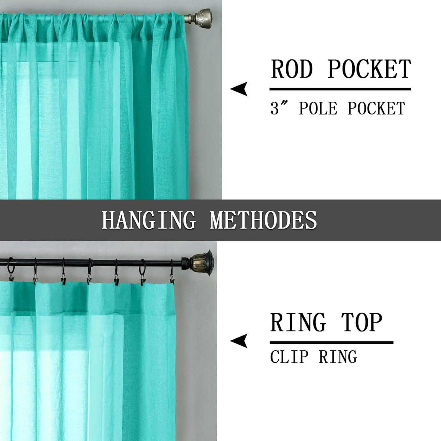 Tollpiz Short Sheer Curtain Living Room Linen Textured Curtains Sheer Light Filtering Voile Rod Pocket Curtain for Bedroom, 38 x 54 inches Long, Aqua Blue, Set of 2 Panels