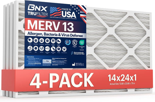 BNX TruFilter 14x24x1 Air Filter MERV 13 (4-Pack) - MADE IN USA - Electrostatic Pleated Air