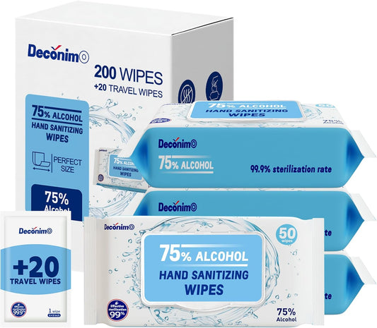 Advanced Large 75% Alcohol Hand Sanitizing Wipes, 4 Packs of 50 (200 Wipes) - Plus 20 Travel Packs