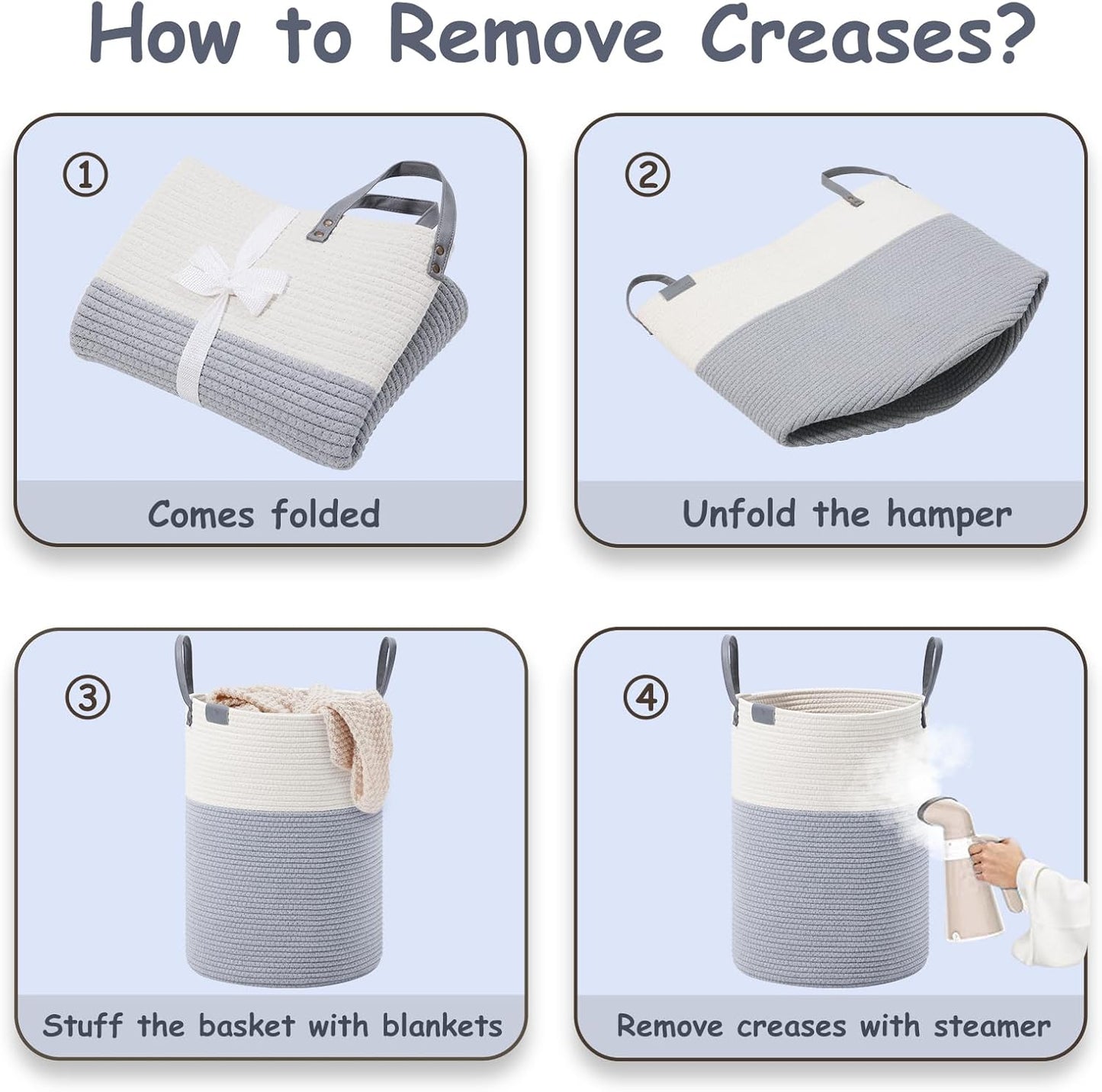 VIPOSCO Tall Laundry Basket, Large Dirty Clothes Hamper with Leather Handle, Woven Rope Storage Basket for Blanket, Toy In Living Room, Bathroom, Bedroom - 100L Grey & White