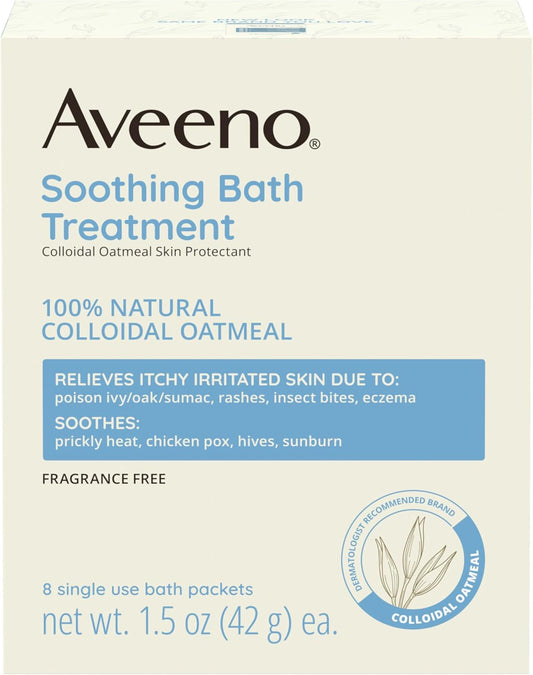 Aveeno Fragrance-Free Soothing Bath Treatment & Soak for Soothing Relief, 100% Natural Colloidal Oatmeal, Relieves Itchy, Irritated Skin Due to Eczema, 8 Single-Use Bath Packets