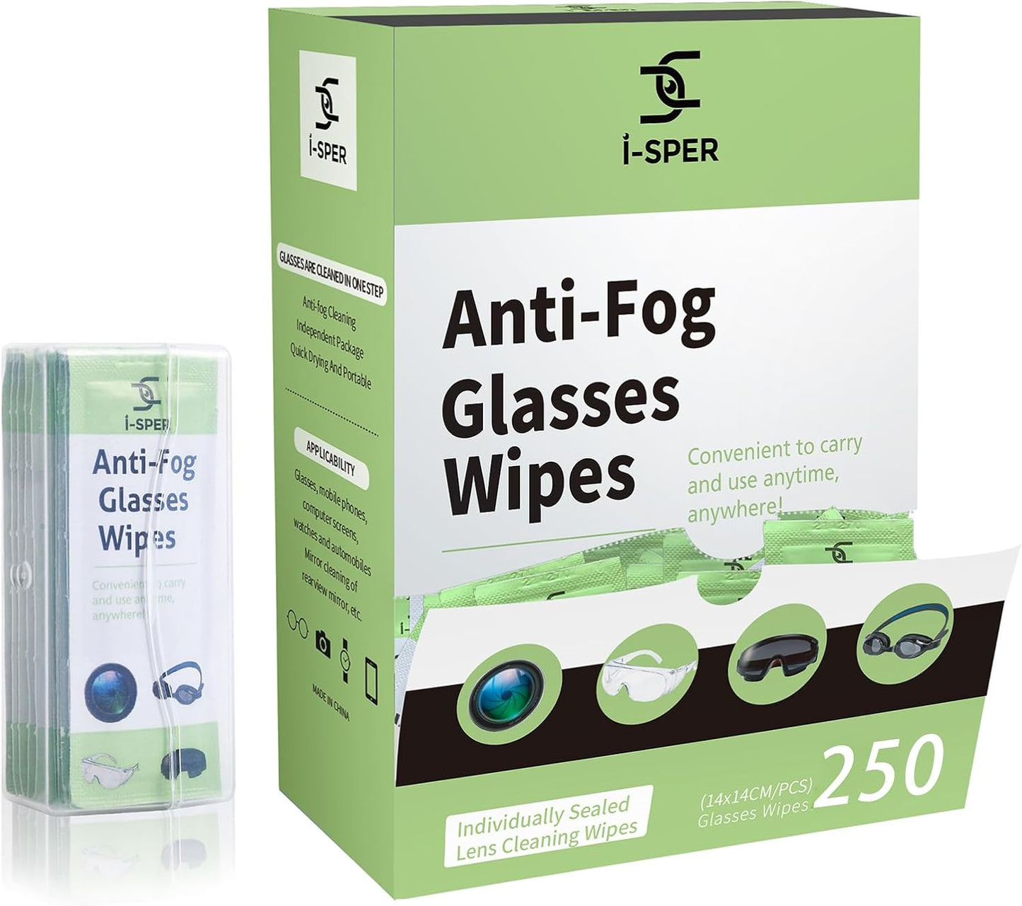 250 Count Anti Fog Lens Wipes for Eyeglasses, Pre-Moistened Individual Wrapped Glasses Wipe Lens Cleaner, with a Carrying Box, Defogging Screen Wipes for Eyeglasses, Sunglass, Goggles, Camera Lens