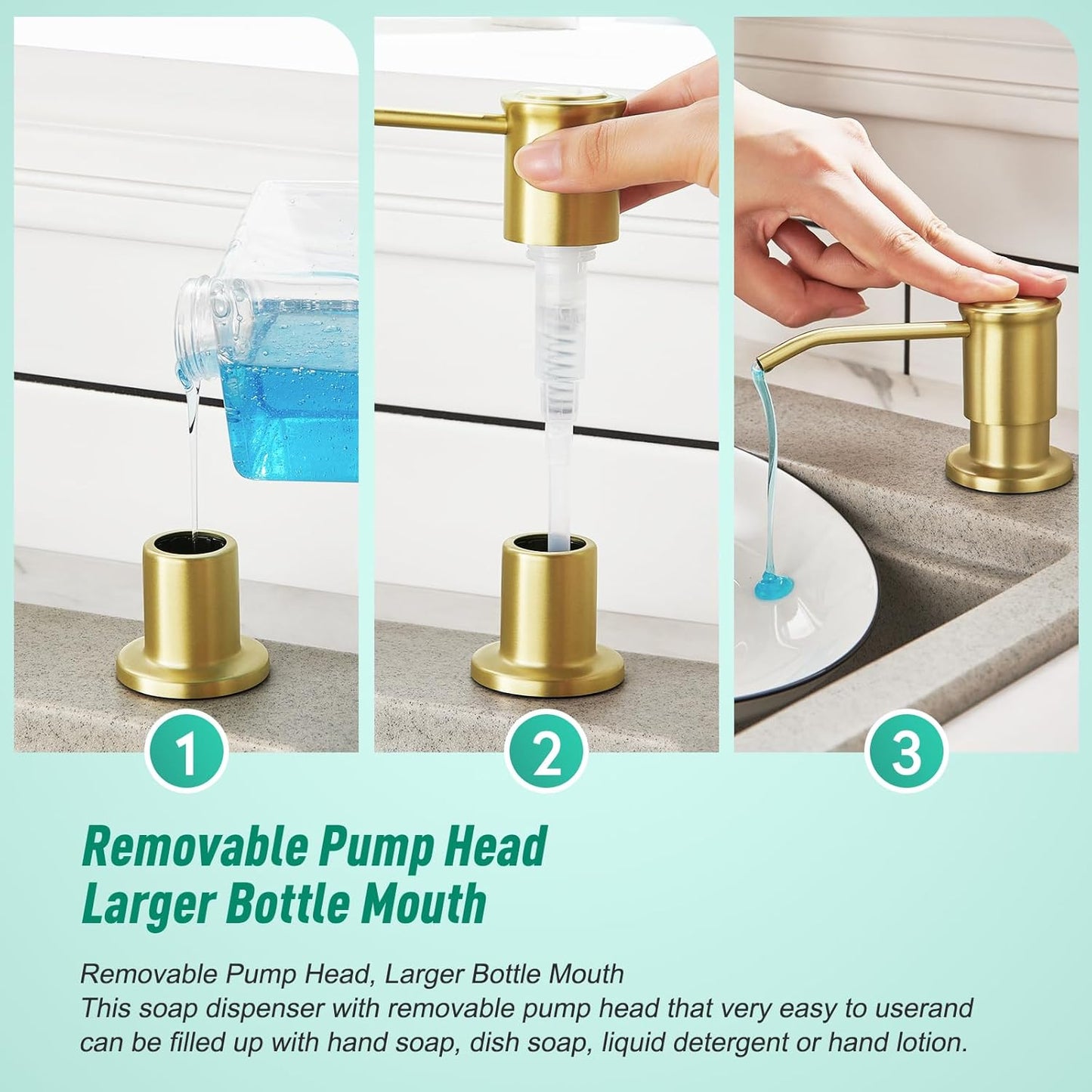 CREA Brushed Gold Kitchen Soap Dispenser Countertop Soap Dispenser for Kitchen Sink, Built in Sink Soap Dispenser for Bathroom with 39" Tube Large Capacity 17 OZ Bottle