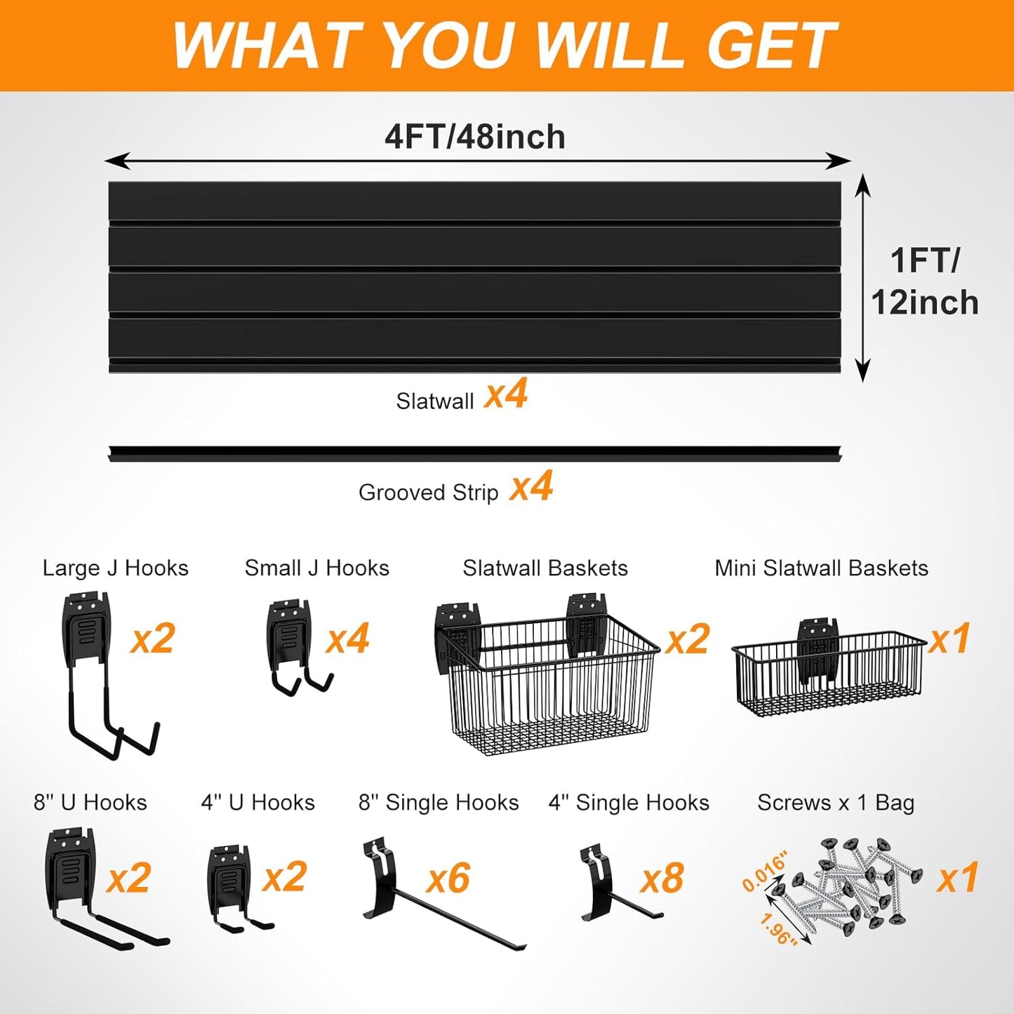 DoCred Slatwall Paneling Organizer, 4x4 FT PVC Garage Slat Wall Storage Systems, Heavy Duty Mounted Slat Peg Board for Tool Organization Ladder Bike Includes 27 PCS Hooks Accessories Kit (Black)