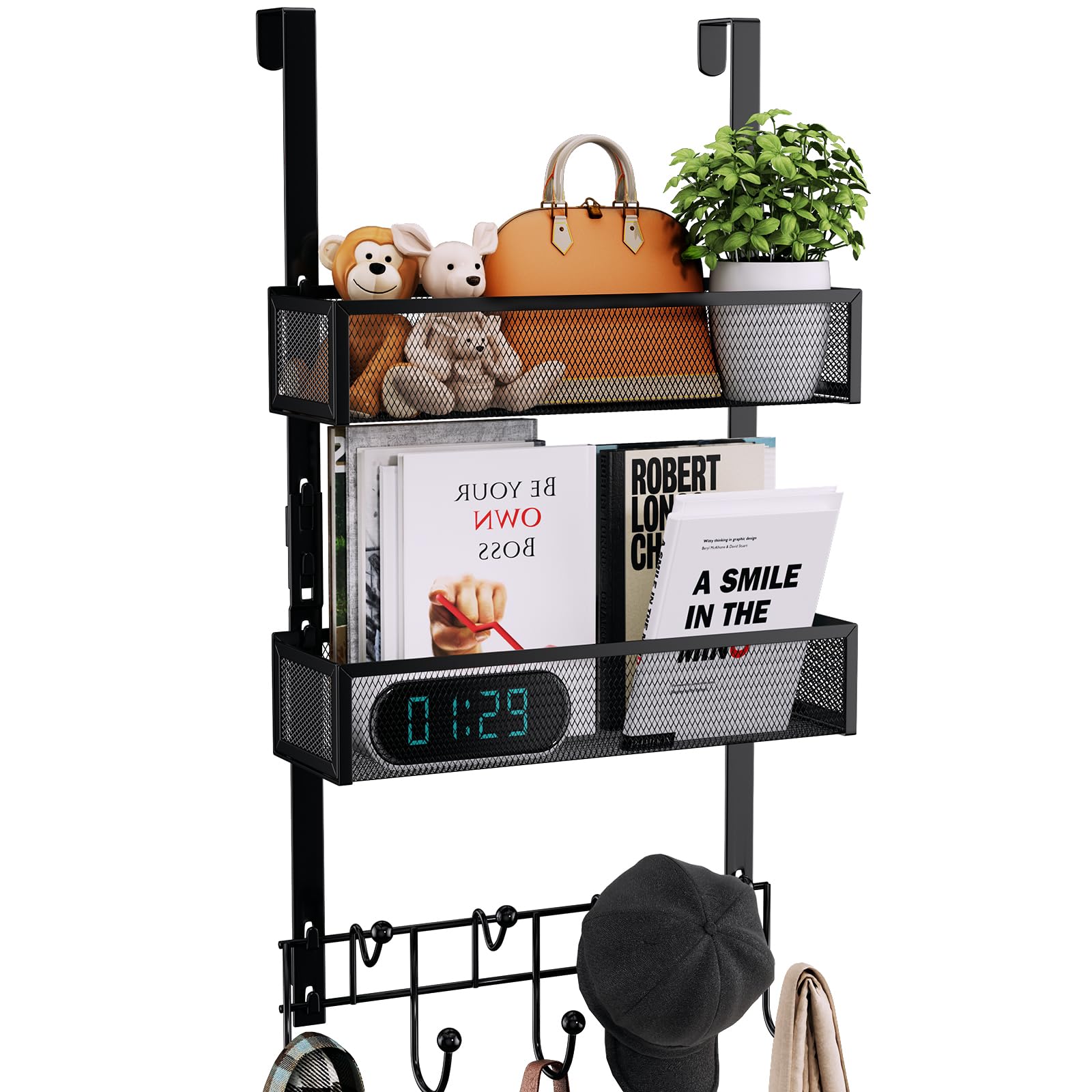 Consumest Over The Door Hooks Organizer - 3 Tier Door Hanger with 9 Coat Hooks & 2 Mesh Basket