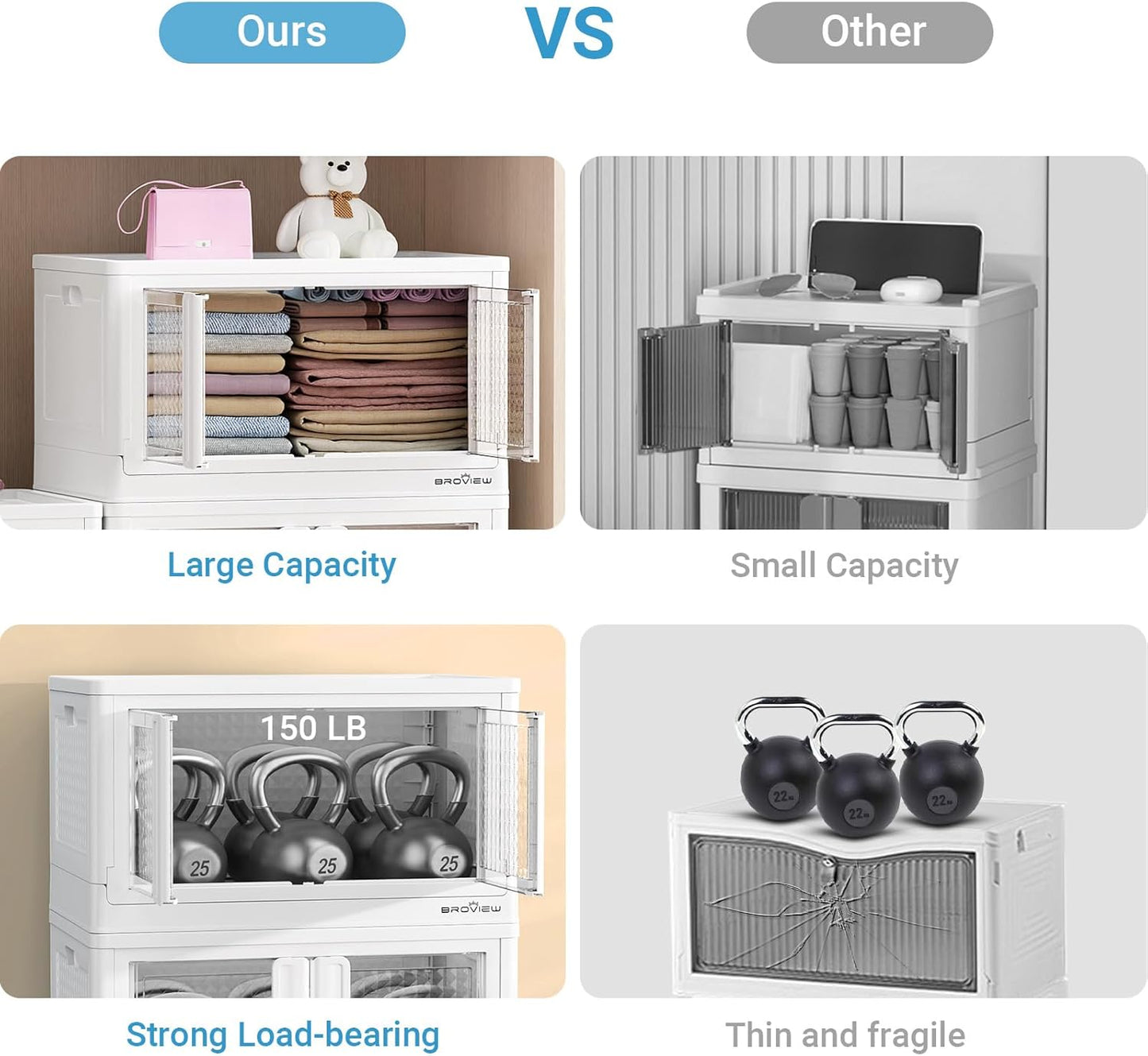 BROVIEW 400Qt Stackable Storage Bins with Lids, 100Gal Closet Organizers and Storage Drawer, Plastic Collapsible Storage Bins with Doors, Heavy Duty Store Box Cabinet for Home Kitchen, 4Pack White