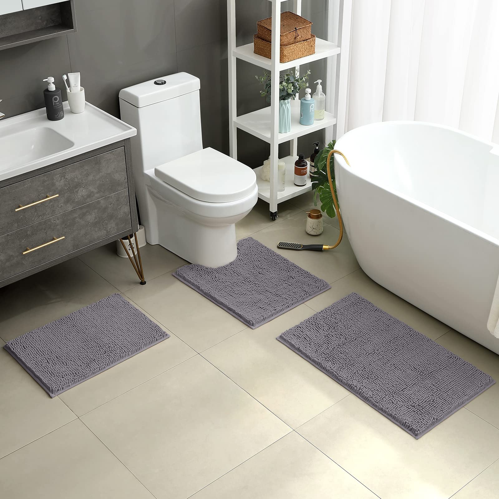HOMEIDEAS Grey Chenille Bathroom Rugs Set of 3, Non Slip Bath Mat