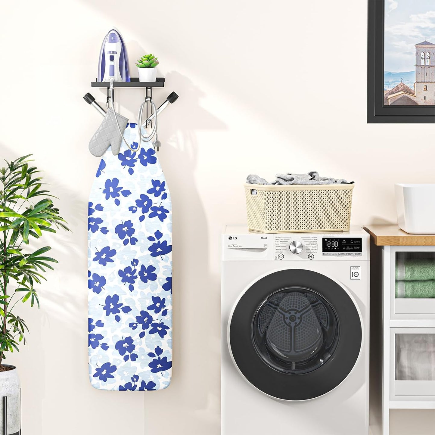 Ironing Board Holder Wall Mount, Ironing Board Hanger with Storage Shelf, Iron Board Holder for Wall, T&V Shaped Iron Board Hanger, Irons Storage for Laundry Room