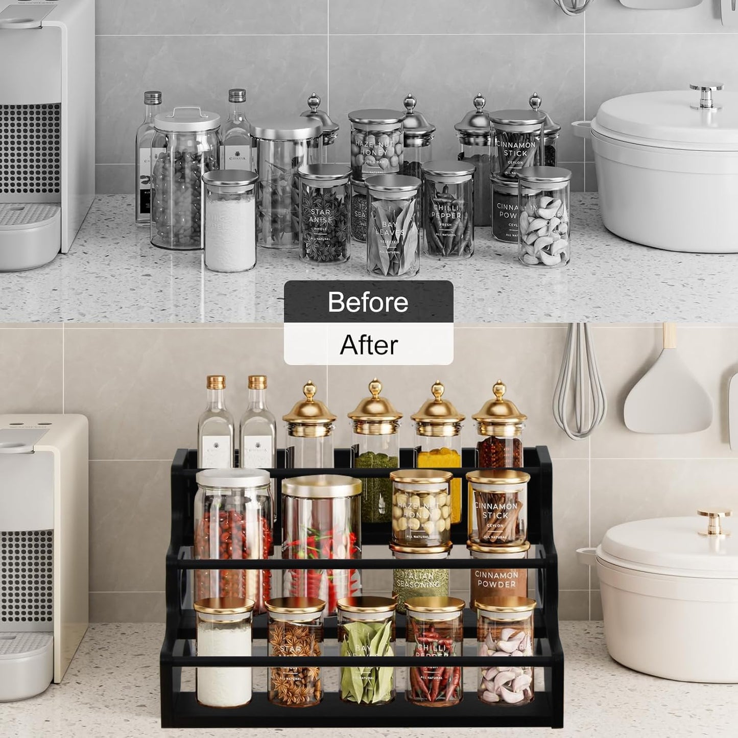 AT-VALY 3-Tier Spice Rack, Iron&MDF Kitchen Storage Shelf, Space-Saving Countertop Organizer for Spices, Herbs, Seasonings, Sturdy Stylish Condiment Holder,Countertop Wine Rack (Black Grain)