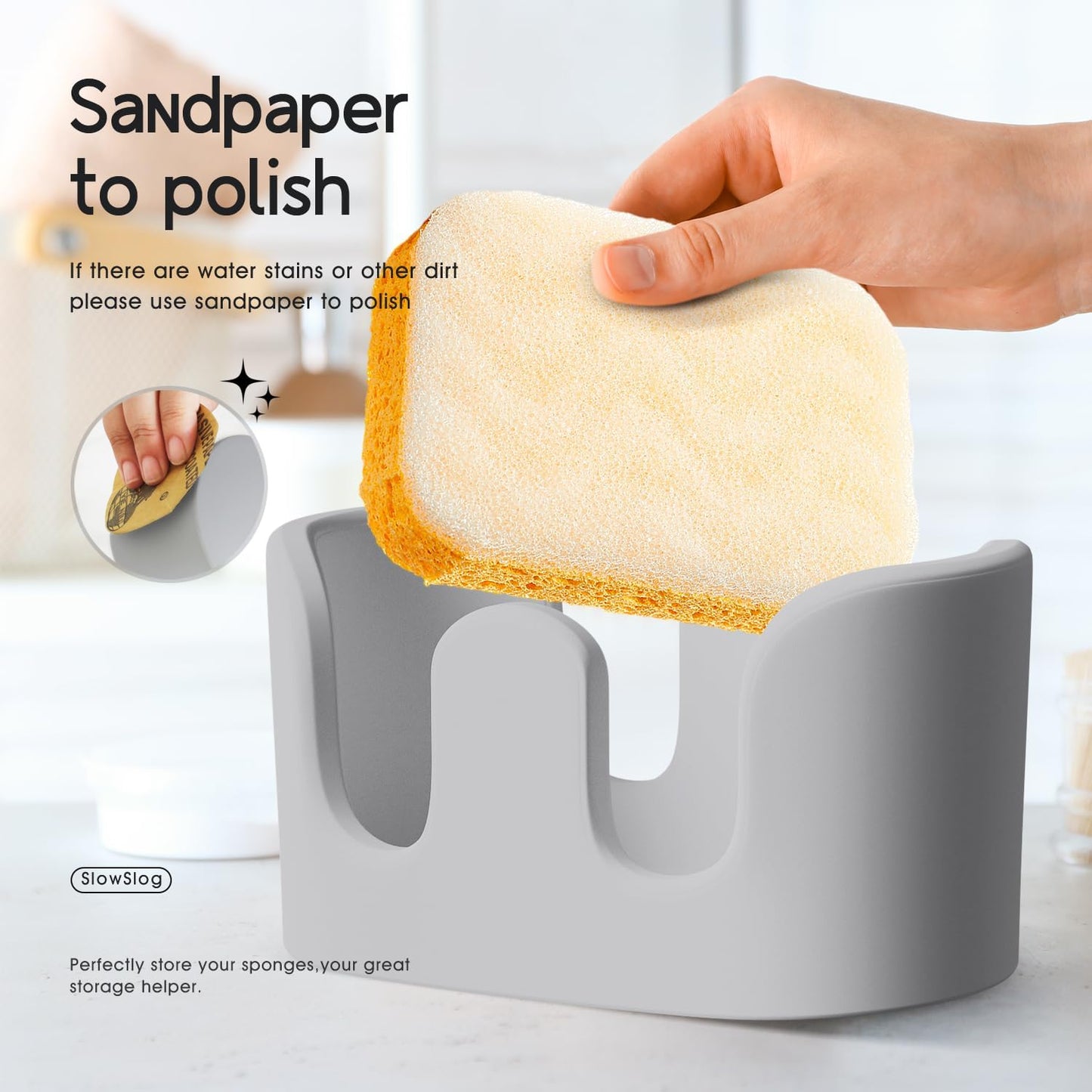 Double Sponge Holder, 2 Slots Diatomite Stone Sponge Holder, Absorbent Sponge Stand for Kitchen Sink, Quick Dry Dish Brush Holder Kitchen Sink Organizer, Gray