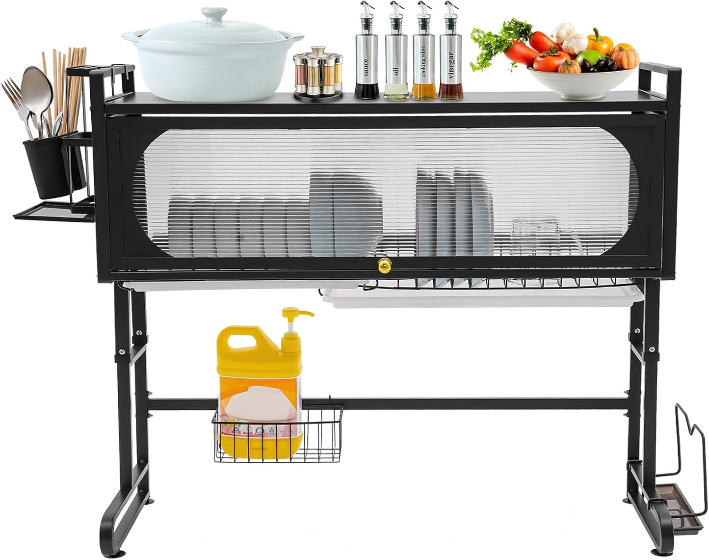3 Tier Over The Sink Dish Drying Rack W/Clear Cabinet Door, Adjustable Dish Drainer Rack, Black Large Dish Rack, Expandable Shelf Rack W/ Utensil Holder, Dish Drainer Kitchen Organizer for Home Use