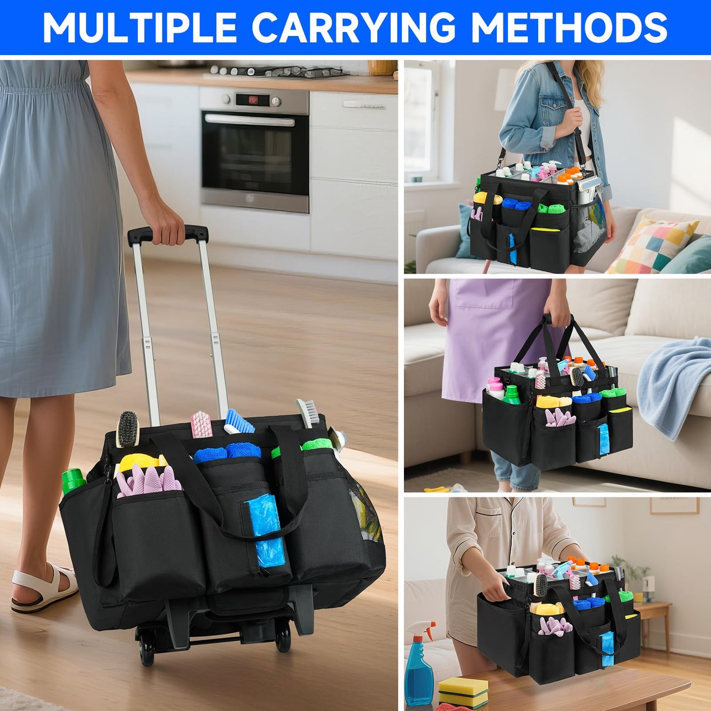 ZIOZERTT Large Rolling Cleaning Caddy Bag with Detachable Trolley,Cleaning Cart on Wheels with
