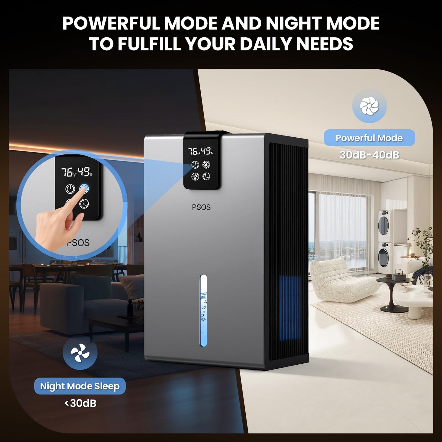 PSOS Dehumidifier, Dehumidifiers for Home, 98 OZ Water Tank, (1000 sq.ft) Quiet Dehumidifier for