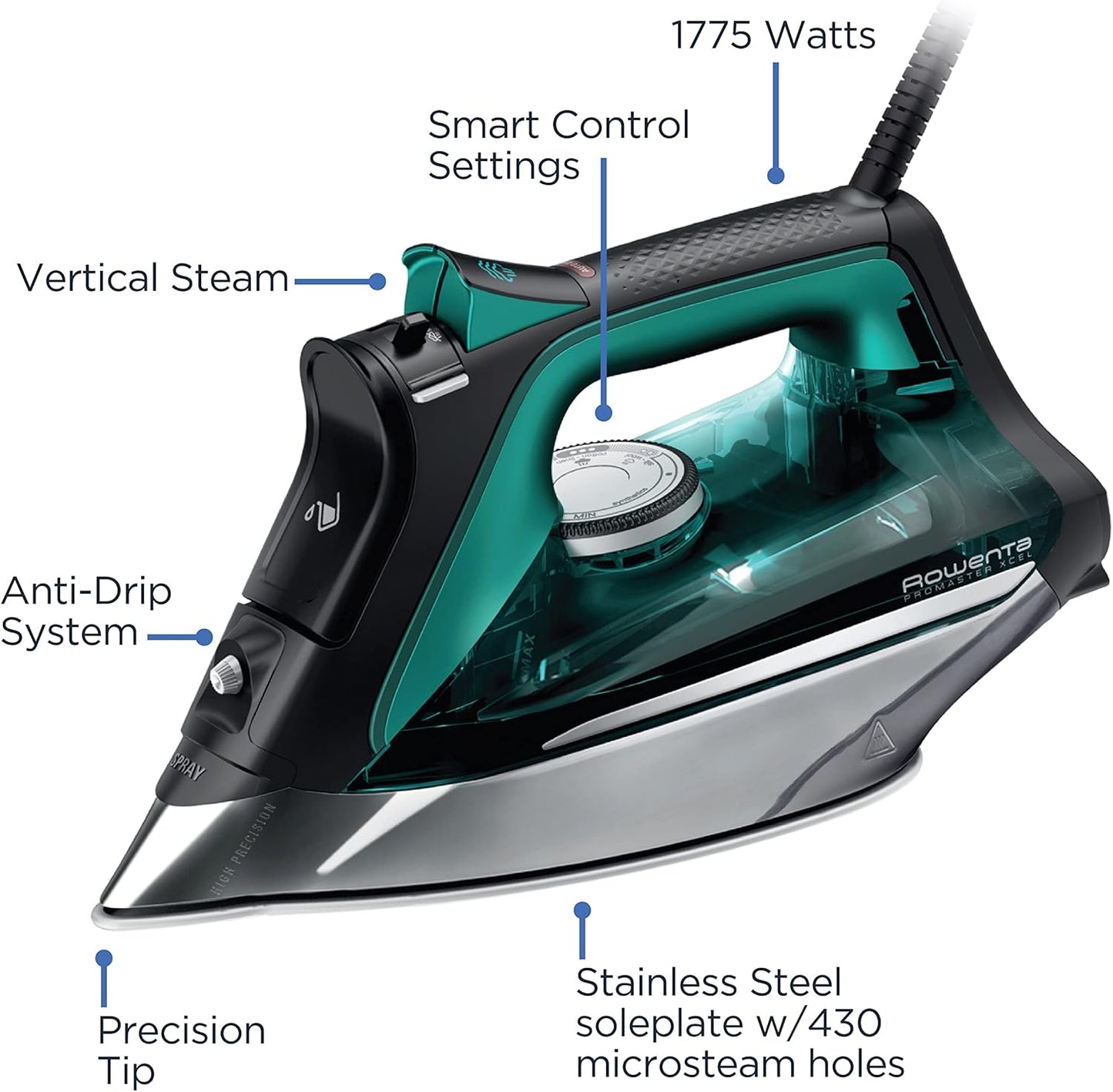 Rowenta Pro Master Stainless Steel Soleplate Steam Iron for Clothes, 210 g/min, 400 Microsteam Holes, Cotton, Wool, Poly, Silk, Linen, Nylon, 1775 Watts Iron Steamer for Clothes, Powerful Steam DW8360