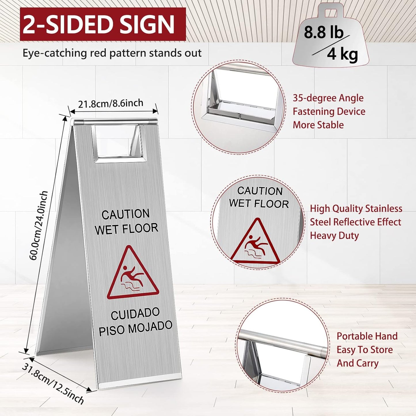 Kigley 2 Pcs Wet Floor Sign, 24 Inch Stainless Steel Caution Wet Floor Sign Double Sided Portable Foldable Bilingual Safety Warning for Hotel Market Restroom Restaurant Office (Silver)