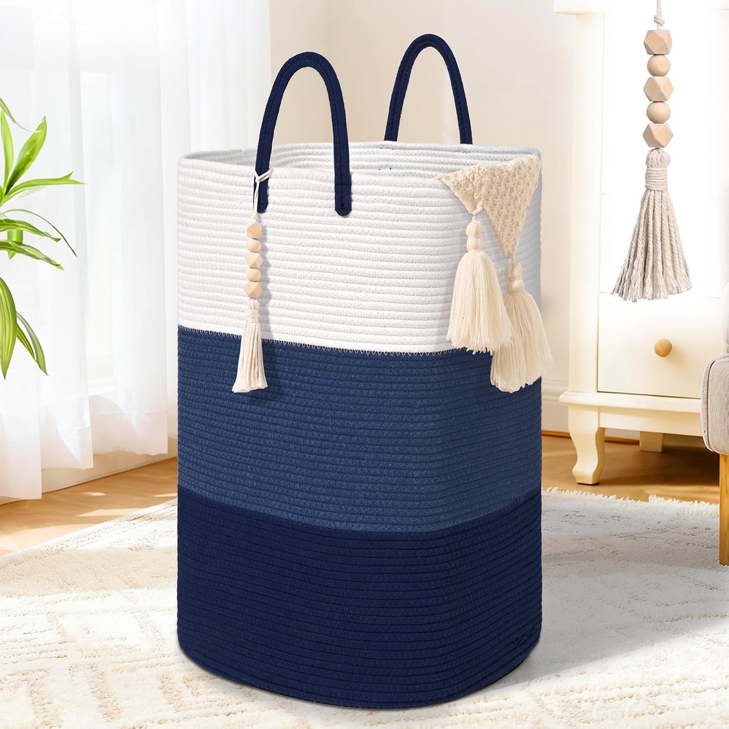 Woven Laundry Basket for Clothes,65 L Large Rectangle Laundry Hampers with Beads Tassel, Nursery Storage Basket for Toys, Tall Dirty Clothes Hamper for Bedroom Aesthetic, Laundry Room Organization