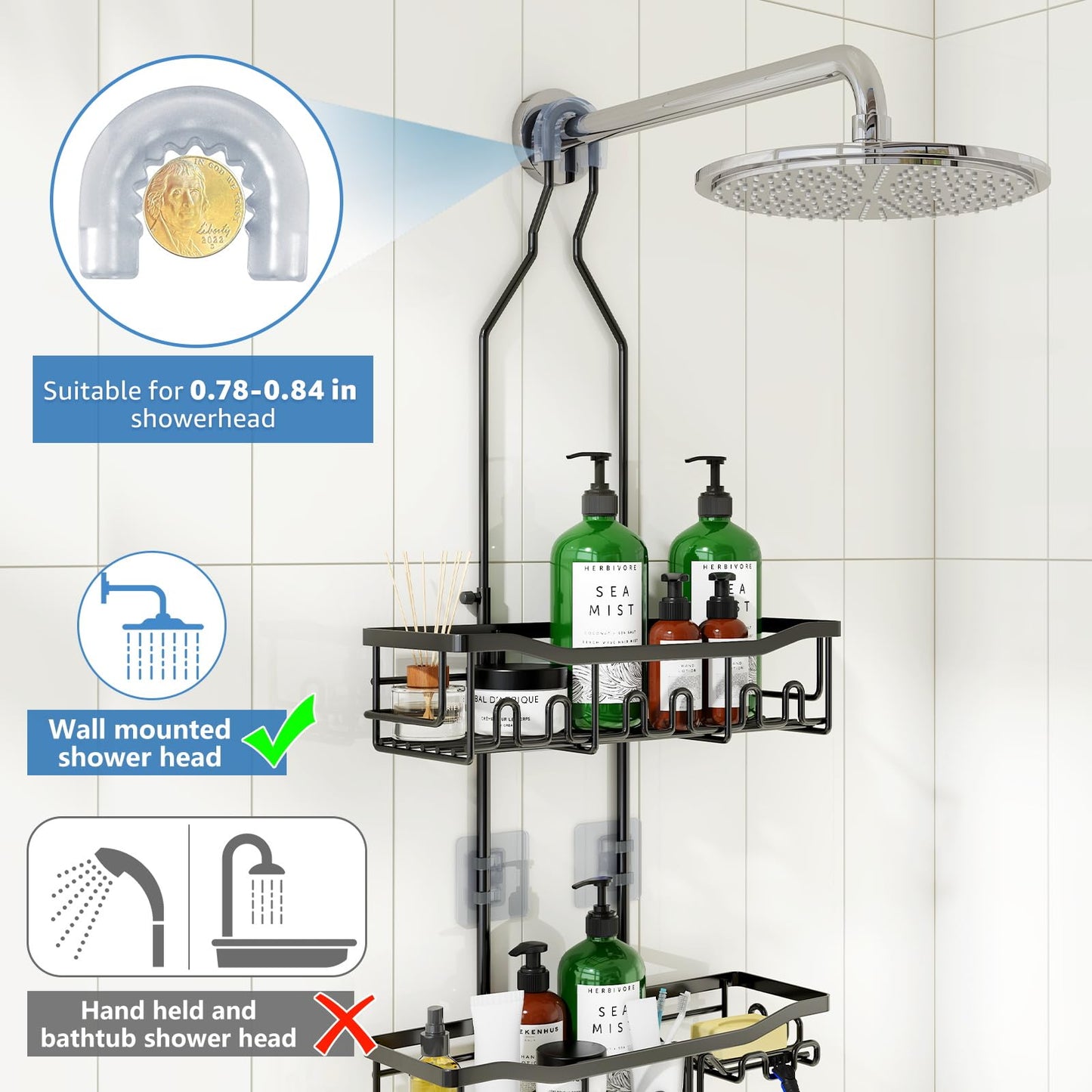 Joqixon Upgraded Extended Length Shower Organizer with Hooks, Rustproof Shampoo Soap Holder, Large