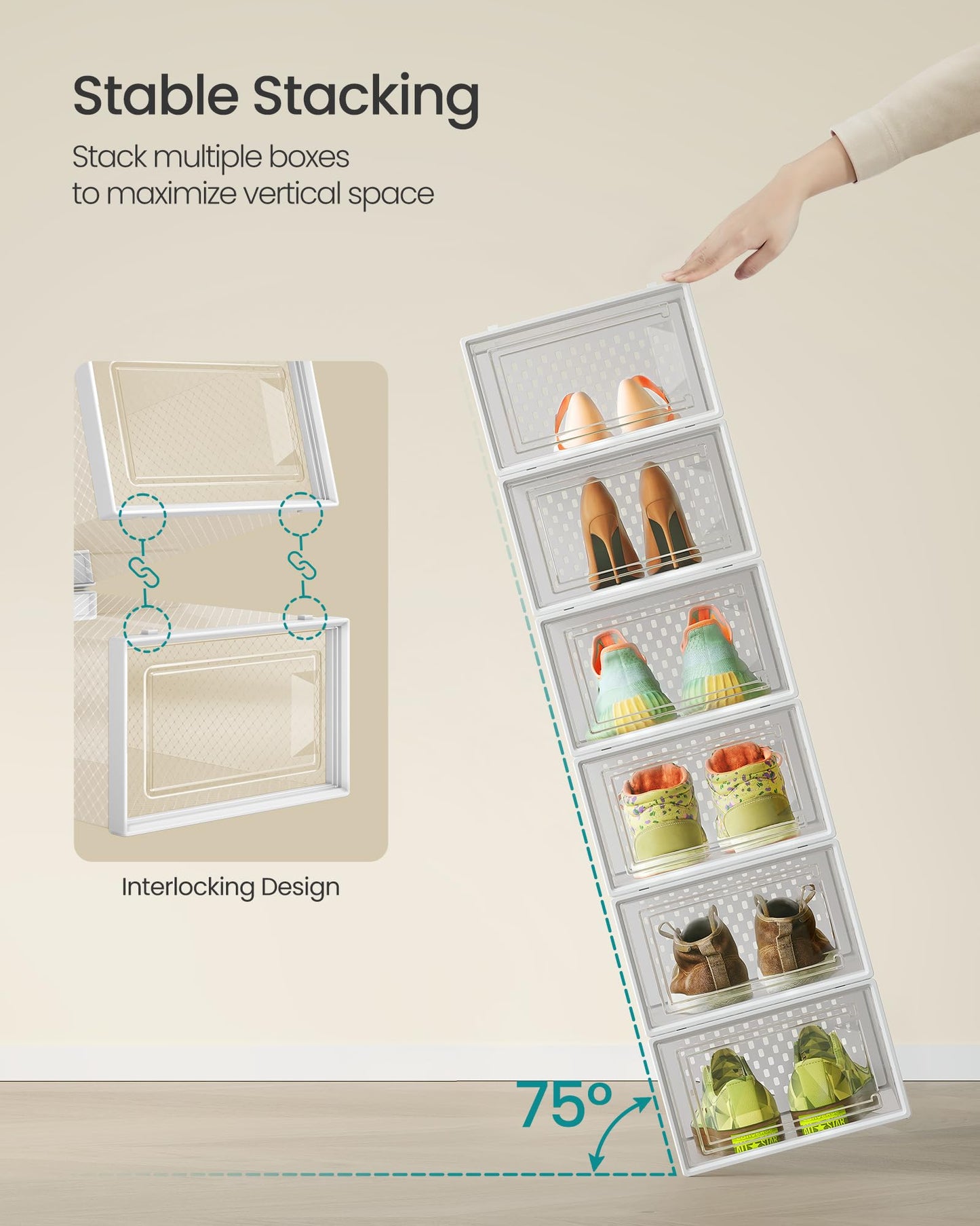 SONGMICS Shoe Boxes, Pack of 12 Shoe Storage Organizers, Stackable Clear Plastic Boxes for Closet