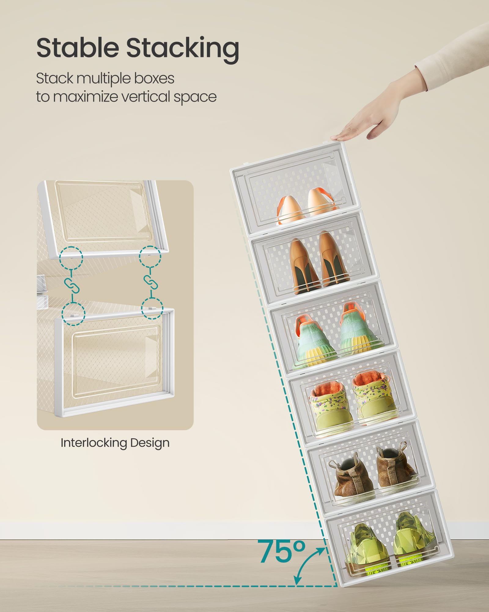 SONGMICS Shoe Boxes, Pack of 12 Shoe Storage Organizers, Stackable Clear Plastic Boxes for Closet
