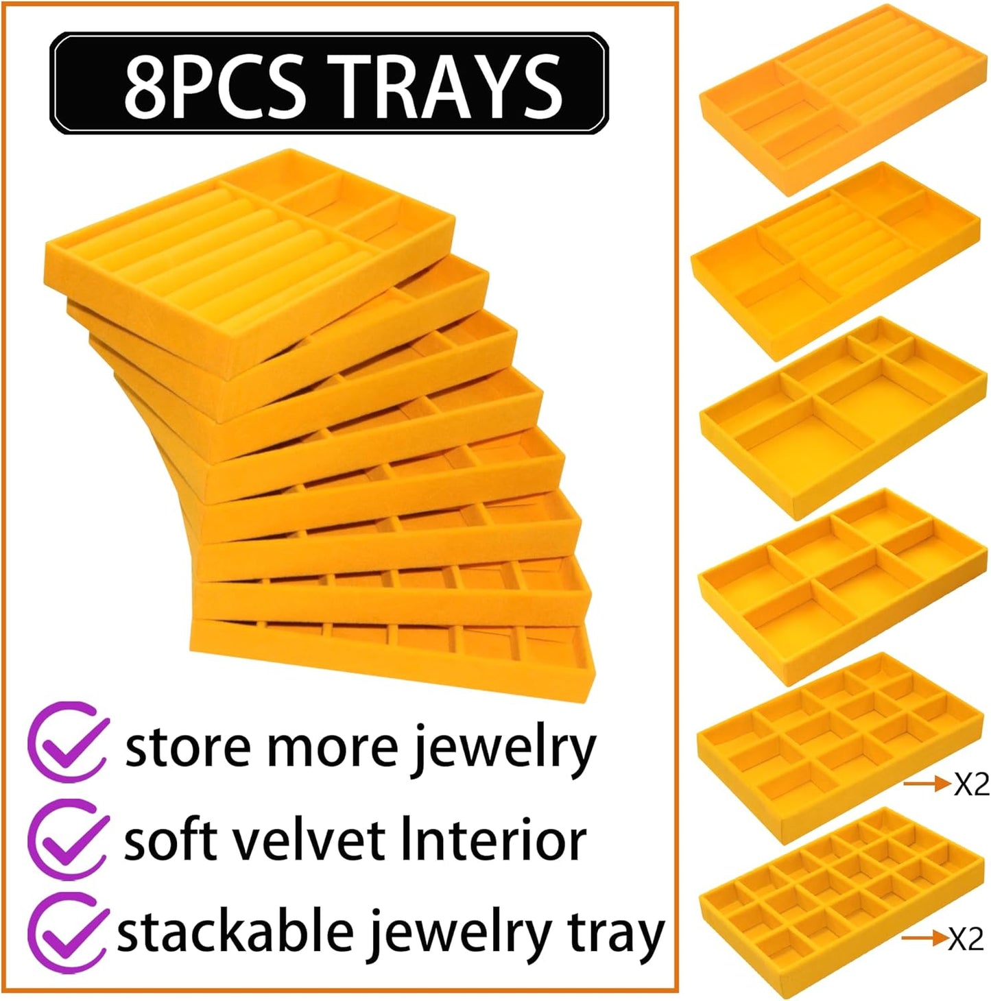 Set of 8 Stackable Velvet Jewelry Trays Organizer Jewelry Display Storage Box Dresser Drawer Organizer for Earring Necklace Bracelet Ring Accessary