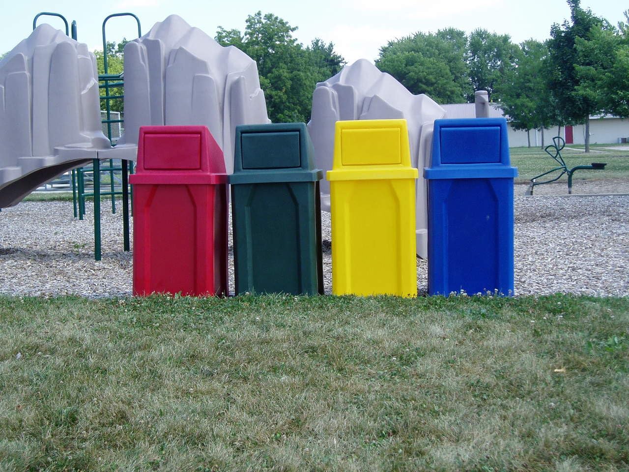 32 Gallon Square 100% Recycled Plastic Heavy Duty Commercial Outdoor or Indoor Trash Can with Push Lid - Great for Schools and Businesses - Dark Granite