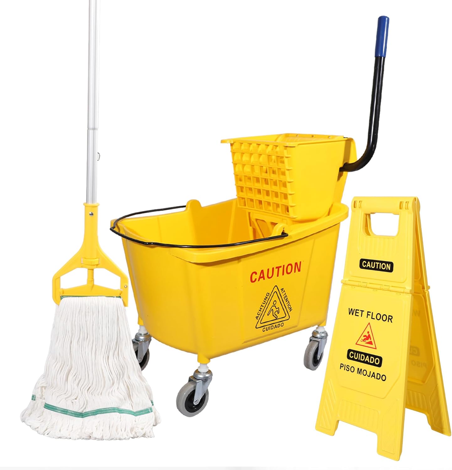 35Qt. Side-Press Mop Bucket and Wringer Combo on Wheels, Yellow, for Floor Cleaning/Wet Mopping,Including One Commercial Mop and Wet Floor Caution Sign (24inch)