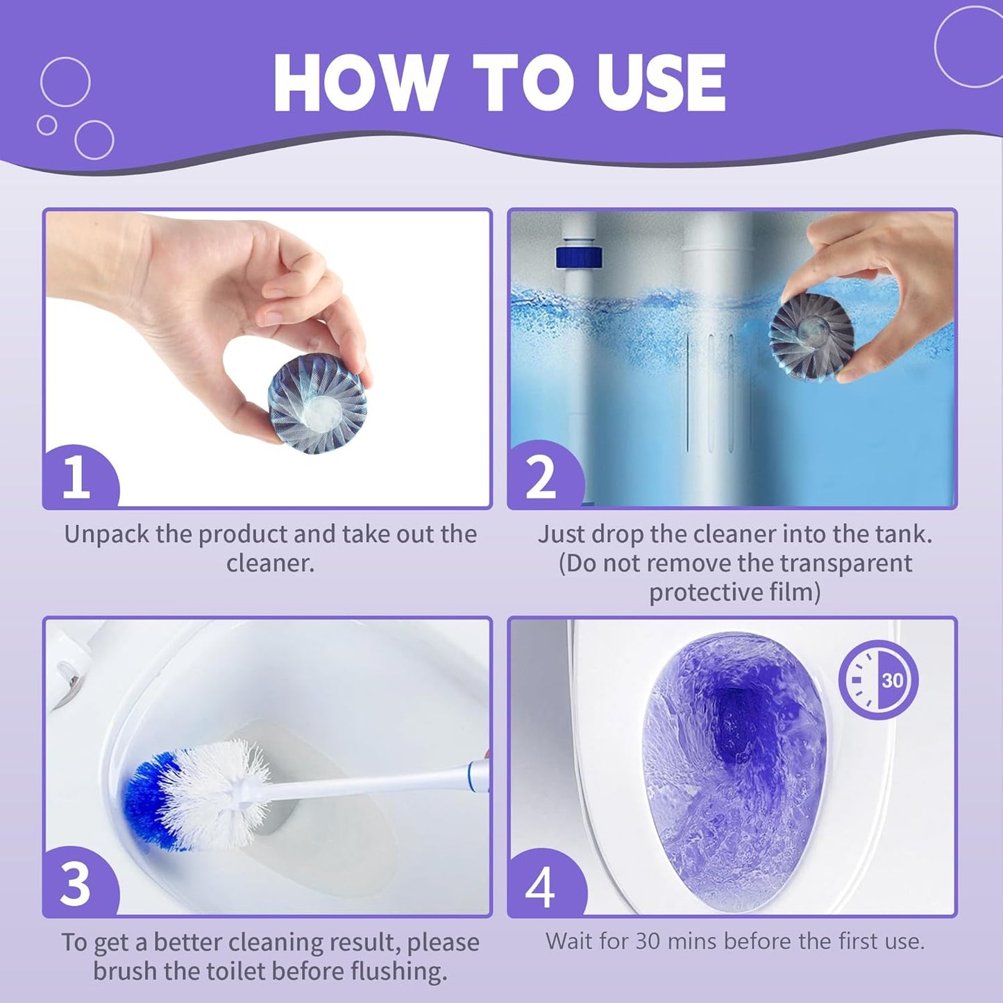 Toilet Bowl Cleaner Tablets, Automatic Toilet Bowl Cleaners, Long-Lasting Toilet Tabs Drop in Tank for Deodorizing & Descaling, Purple, 20 Packs