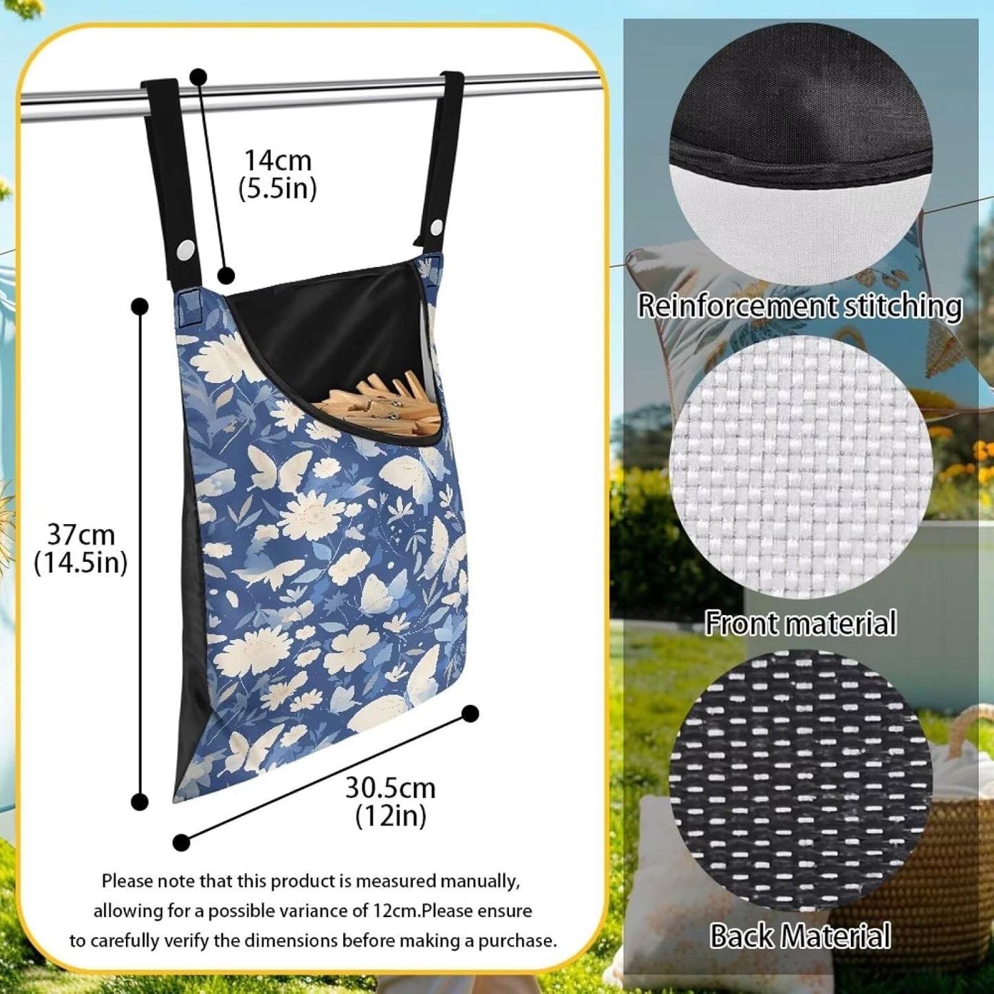 3 Pcs Butterfly and Floral Clothespin Bag with Large Opening Clothes Pins Holder Outdoor and Laundry Bag Hanging Fits for Clothesline Outdoor
