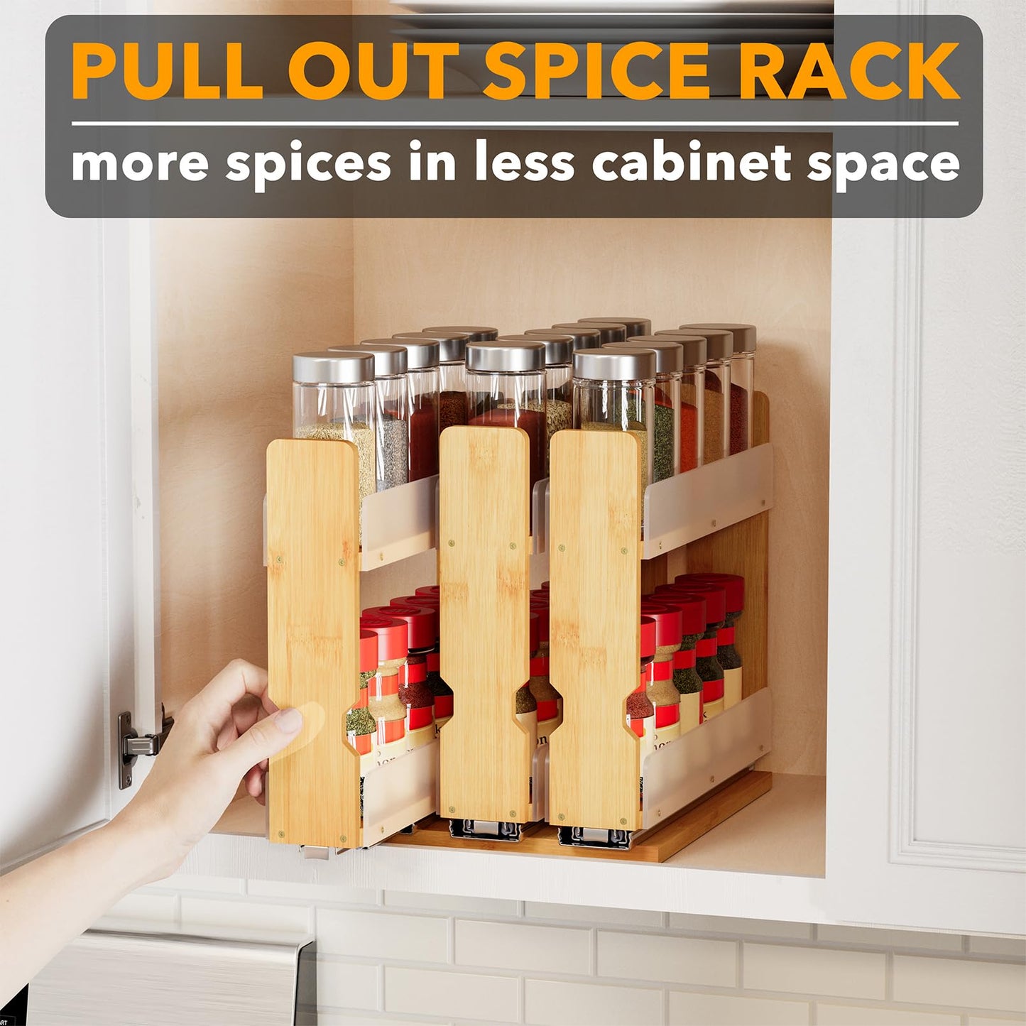 SpaceAid Bamboo Pull Out Spice Rack Organizer for Cabinet, Heavy Duty Slide Out Seasoning Kitchen