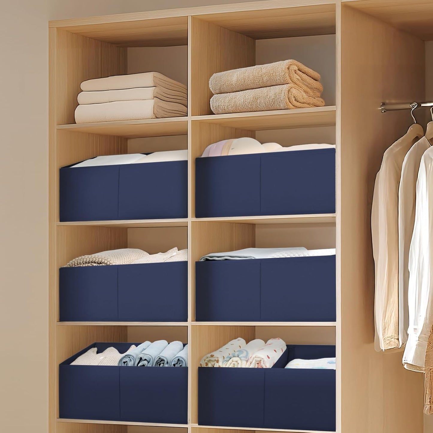 DIMJ Large Closet Shelf Organizer Bins 6 Packs with Handles and Divider, Fabric Trapezoid Storage Baskets, Foldable Clothes Containers Box for Shelf, Towel, Book, Toy, Purse, Hats, Navy Blue
