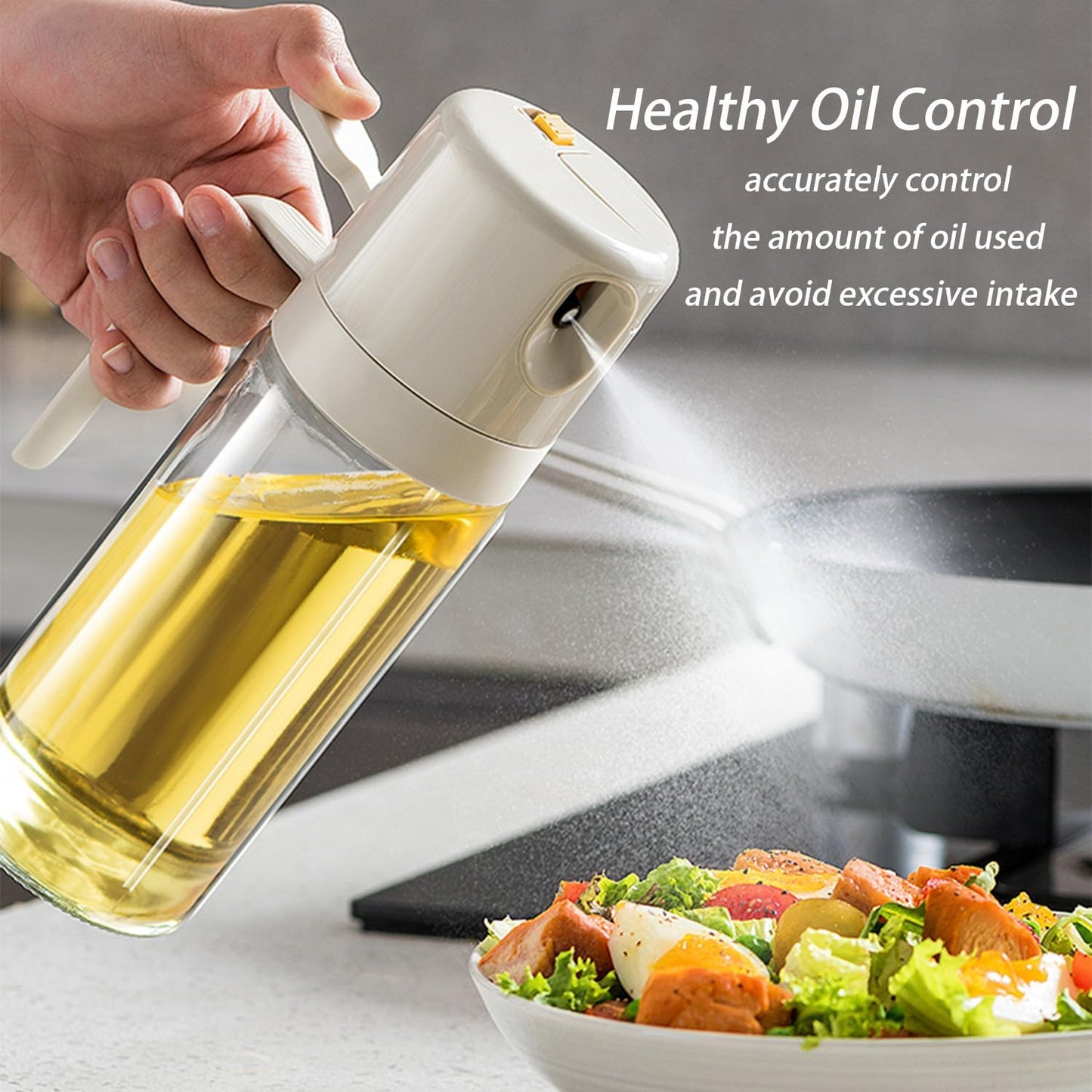 2 in 1 Glass Oil Sprayer and Dispenser for Kitchen, 550ml Olive Oil Bottle, Leakproof Food-Grade Oil Mister & Pourer for Air Fryer, BBQ, Salad, Baking