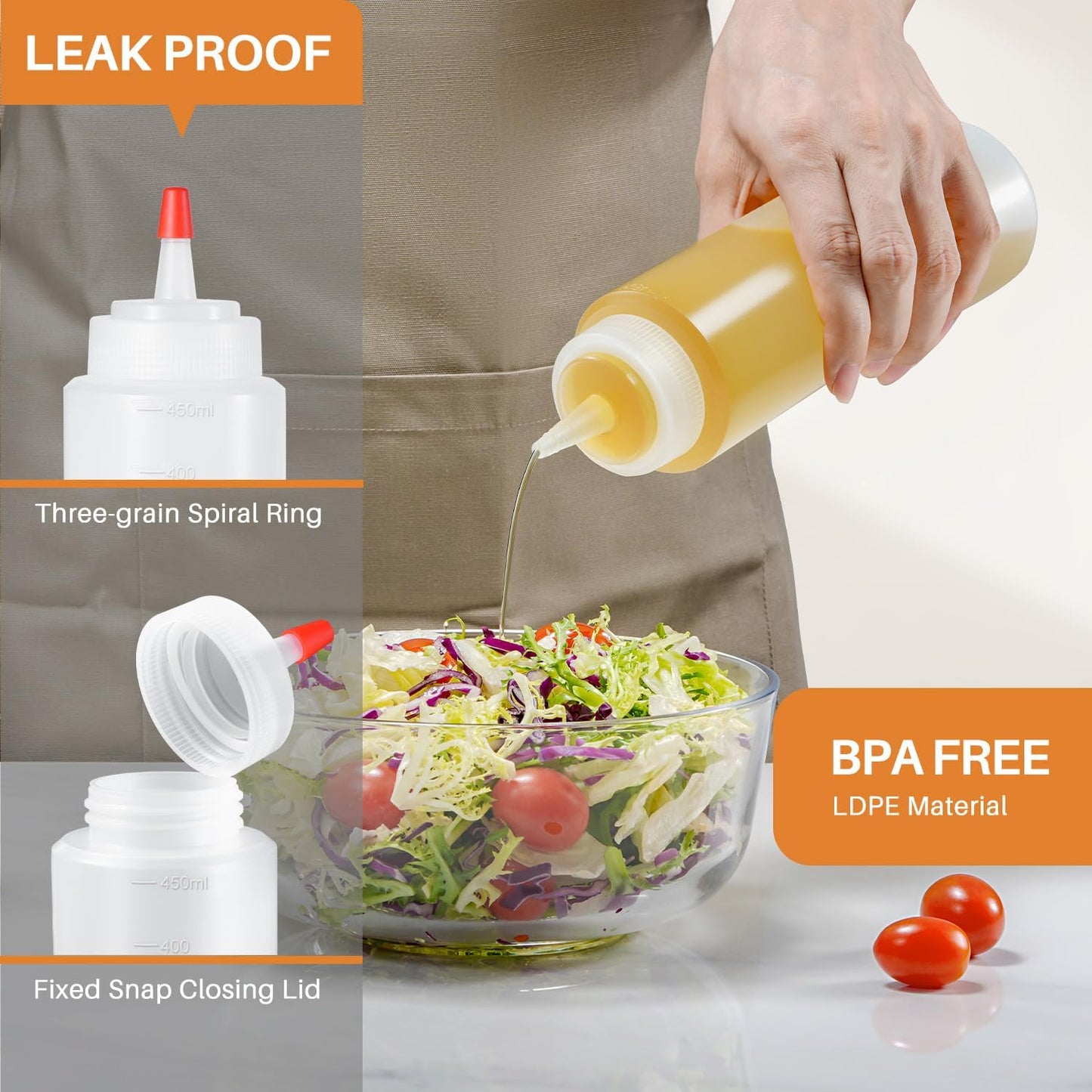 Squeeze Bottles, 16oz Leak-Proof Wide Mouth Condiment Squeeze Bottles for Liquids Sauces Ketchup Oil, 3 Pack