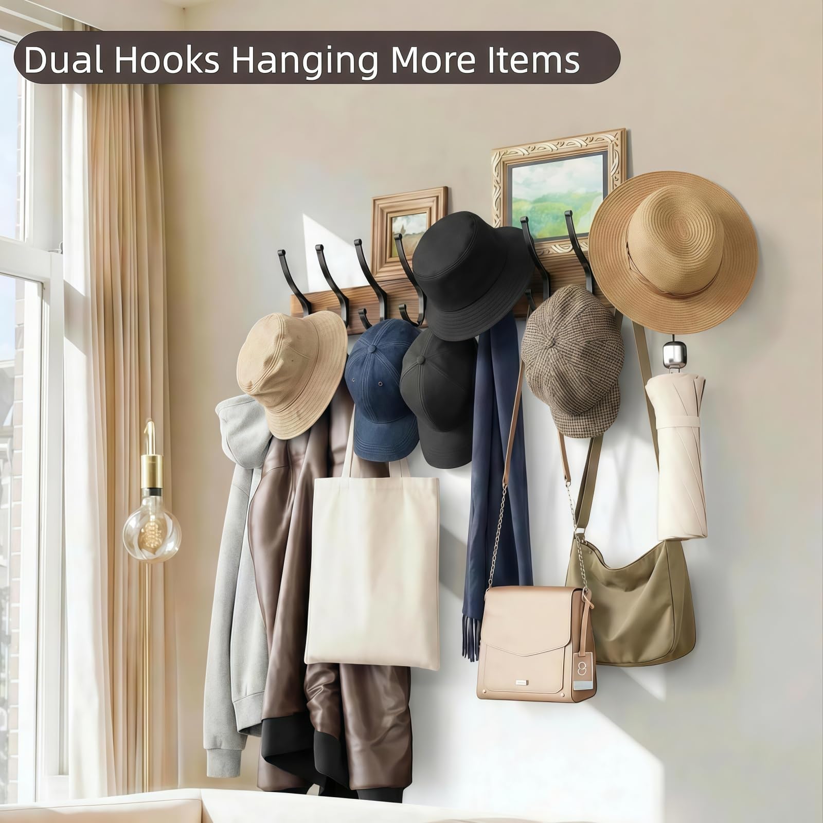 Optish 2 Pack Wooden Coat Rack Wall Mount, 16.1" Rustic Coat Hanger Hooks with 10 Double Hooks