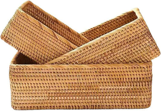 Rattan Storage Baskets, Wicker Baskets for Organizing, Hand Woven Fruit Basket, Decorative Baskets for Kitchen Counter, Living Room, Bathroom, Set of 3