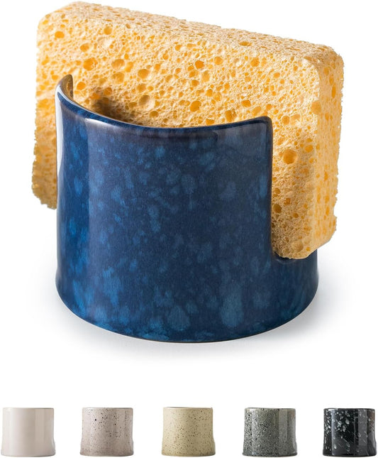 Kitchen Sponge Holder, Ceramic Sponge Organizer Scrubby Holder Sink Caddy Dish Rack for Kitchen and Bathroom, Farmhouse Decor, Blue