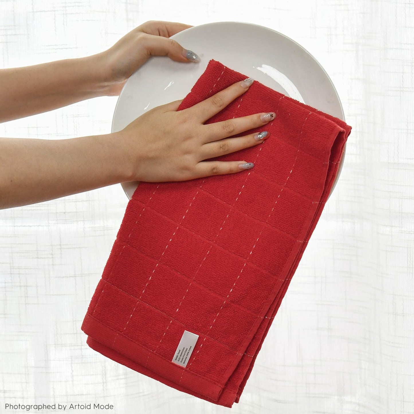 Artoid Mode Checkered Designed Cotton Beige Red Terry Kitchen Dish Towels, 15x25 Inch Soft Absorbent Quick Drying Cleaning Tea Towels Set of 4