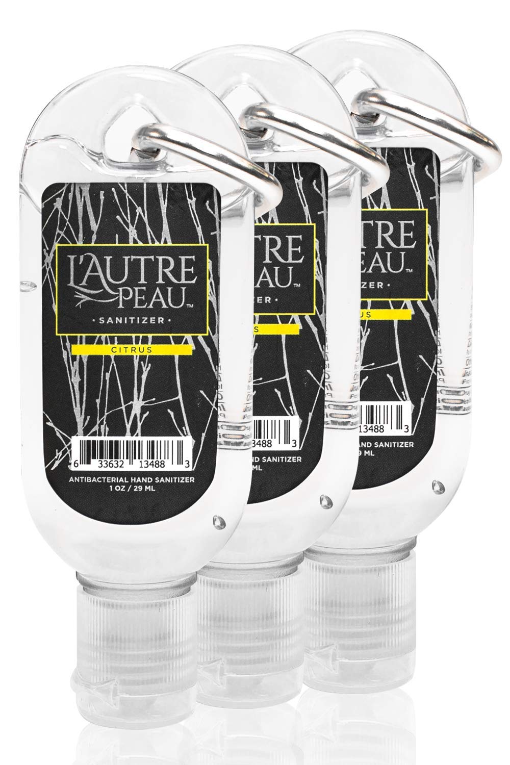 Travel Hand Sanitizer Gel with Aloe Vera & Vitamin E Made by L’AUTRE PEAU - Citrus Scented Alcohol Based Liquid Instant Hand Cleaner Pocket Sanitizer with Carabiner Clip (1oz 3 Pack)