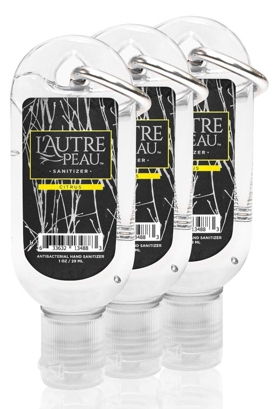 Travel Hand Sanitizer Gel with Aloe Vera & Vitamin E Made by L’AUTRE PEAU - Citrus Scented Alcohol Based Liquid Instant Hand Cleaner Pocket Sanitizer with Carabiner Clip (1oz 3 Pack)