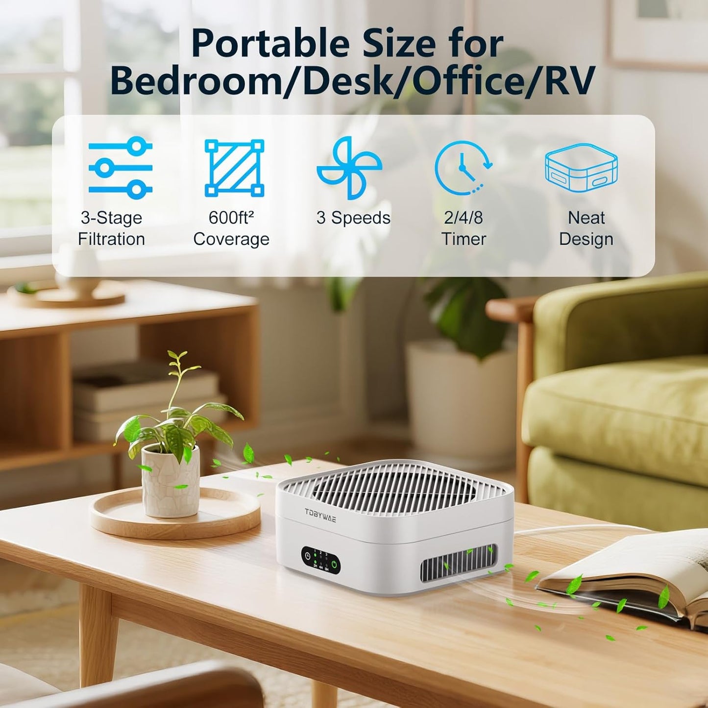 Air Purifiers for Home – True HEPA Air Purifier for Pets, Smoke & Allergies | 600 Sq Ft Coverage | Ultra-Quiet & Portable Small Air Purifier for Bedroom/Travel/Desk/Office/RV