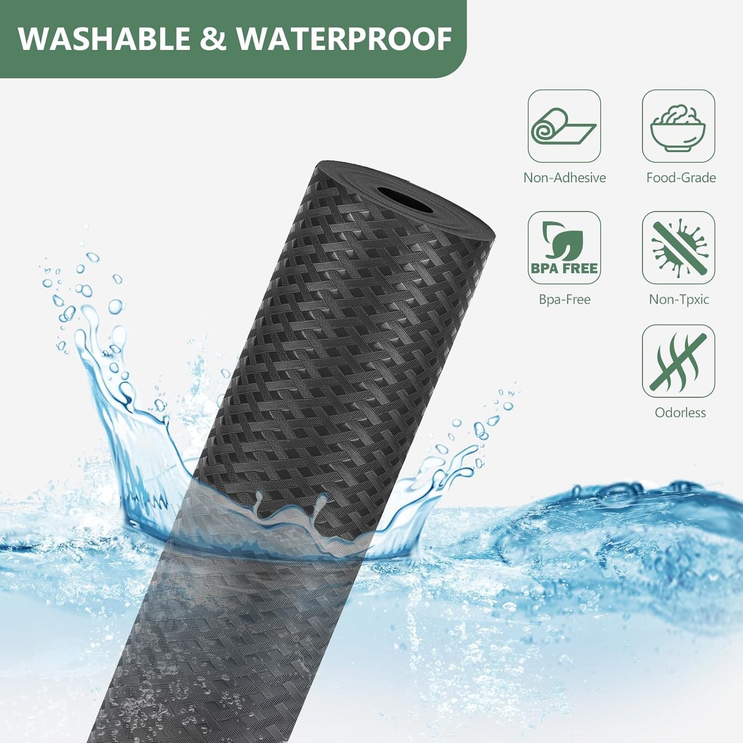 Shelf Liners, Non-Adhesive Drawer Liner, Waterproof & Oil-Proof Kitchen Cabinet Cupboard Liner Plastic EVA Material BPA Free Fridge Liner Mats Paper Protector for Shelves (Black/20in x 240in)