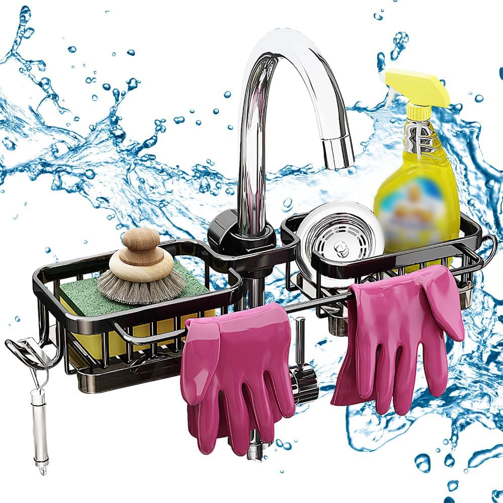 Sink Organizer Rack for Kitchen and Bathroom, 2024 New Kitchen Sink Faucet Organizer with Drip Tray Faucet Sponge Holder (Black, Left+Right)
