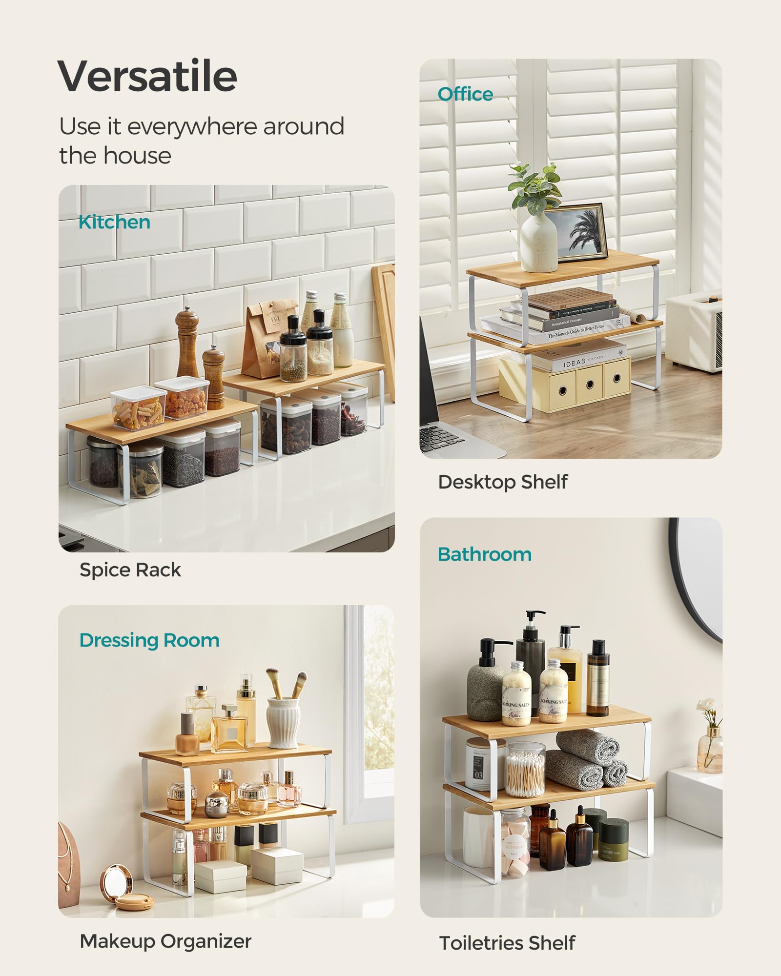 SONGMICS Cabinet Organizer Shelf, Set of 4 Kitchen Counter Shelves, Kitchen Storage, Spice Rack